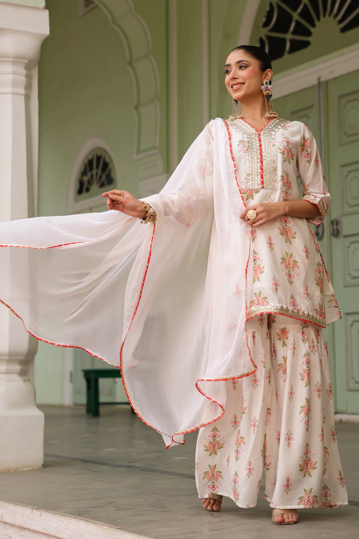 Ivory Chanderi Silk Floral Printed Sharara Set