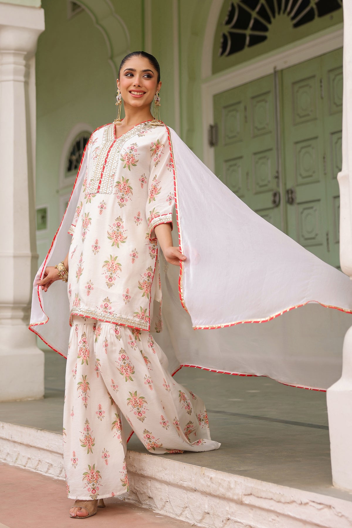 Ivory Chanderi Silk Floral Printed Sharara Set