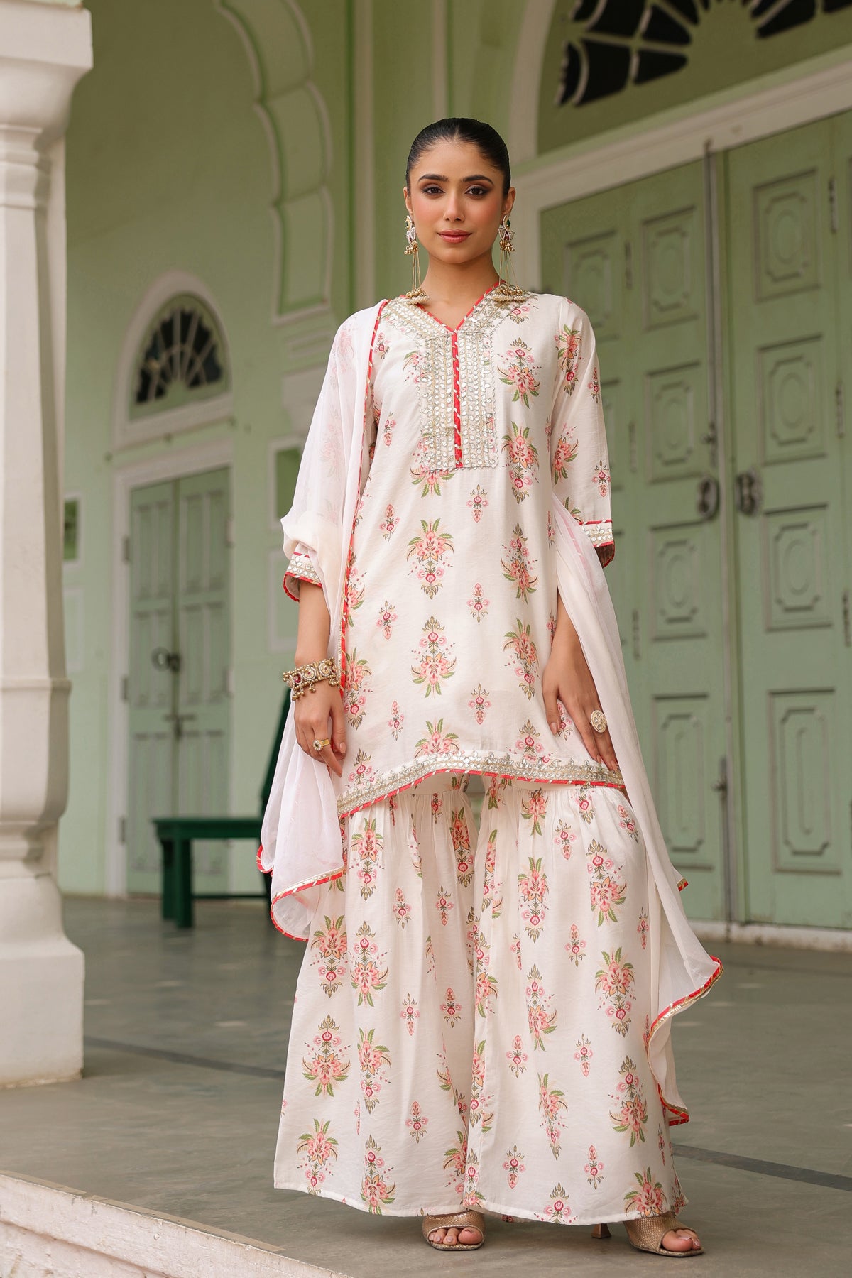 Ivory Chanderi Silk Floral Printed Sharara Set