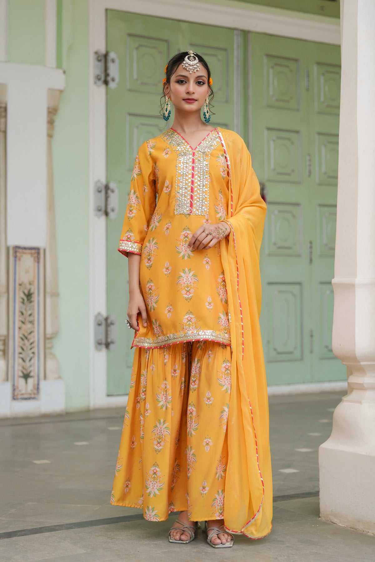 Mustard Chanderi Silk Floral Printed Sharara Set