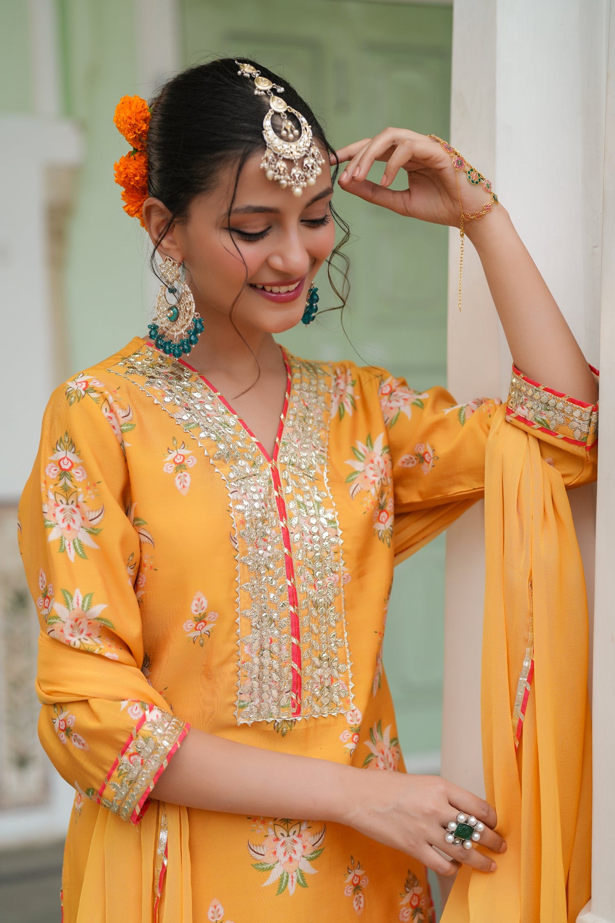 Mustard Chanderi Silk Floral Printed Sharara Set