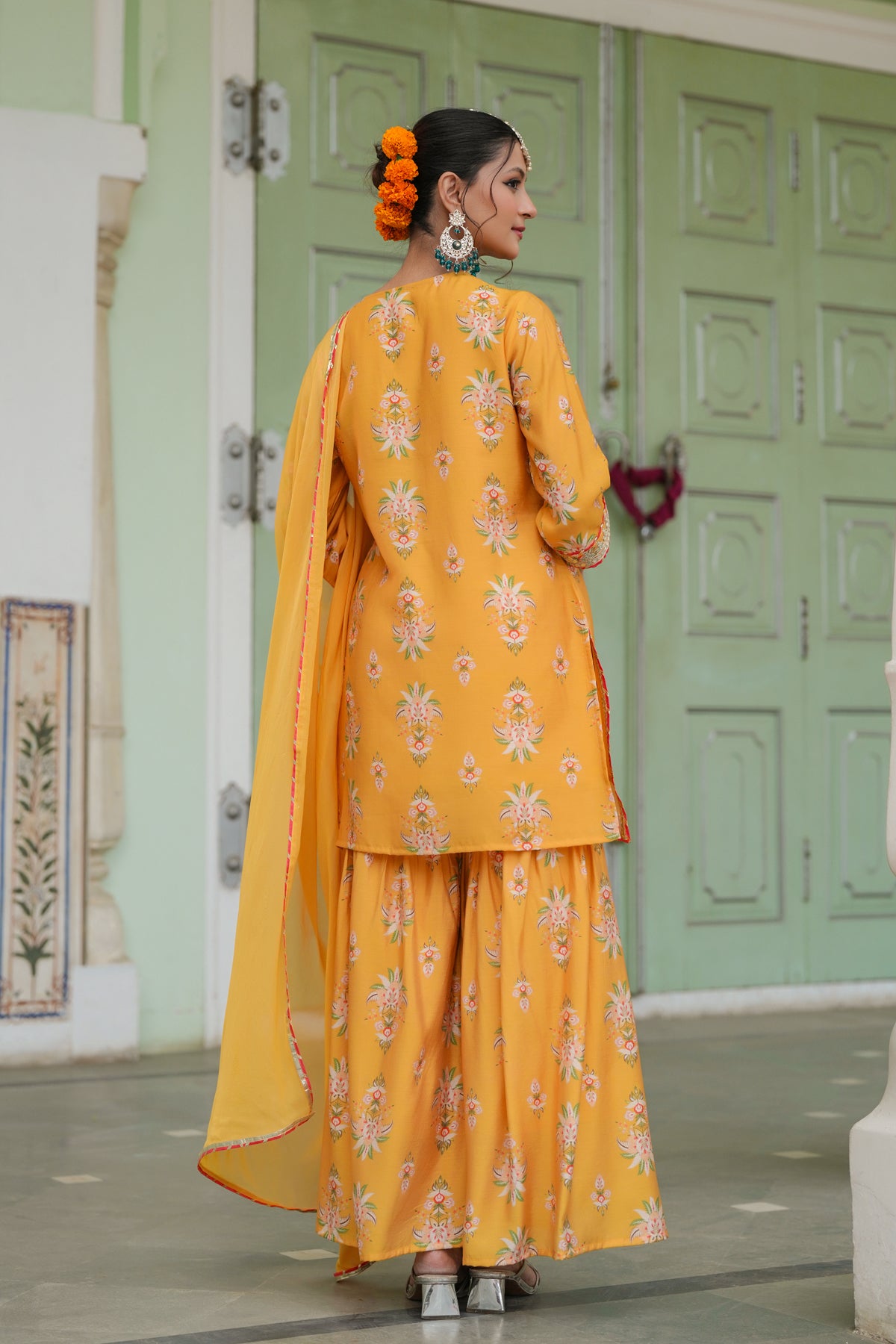 Mustard Chanderi Silk Floral Printed Sharara Set
