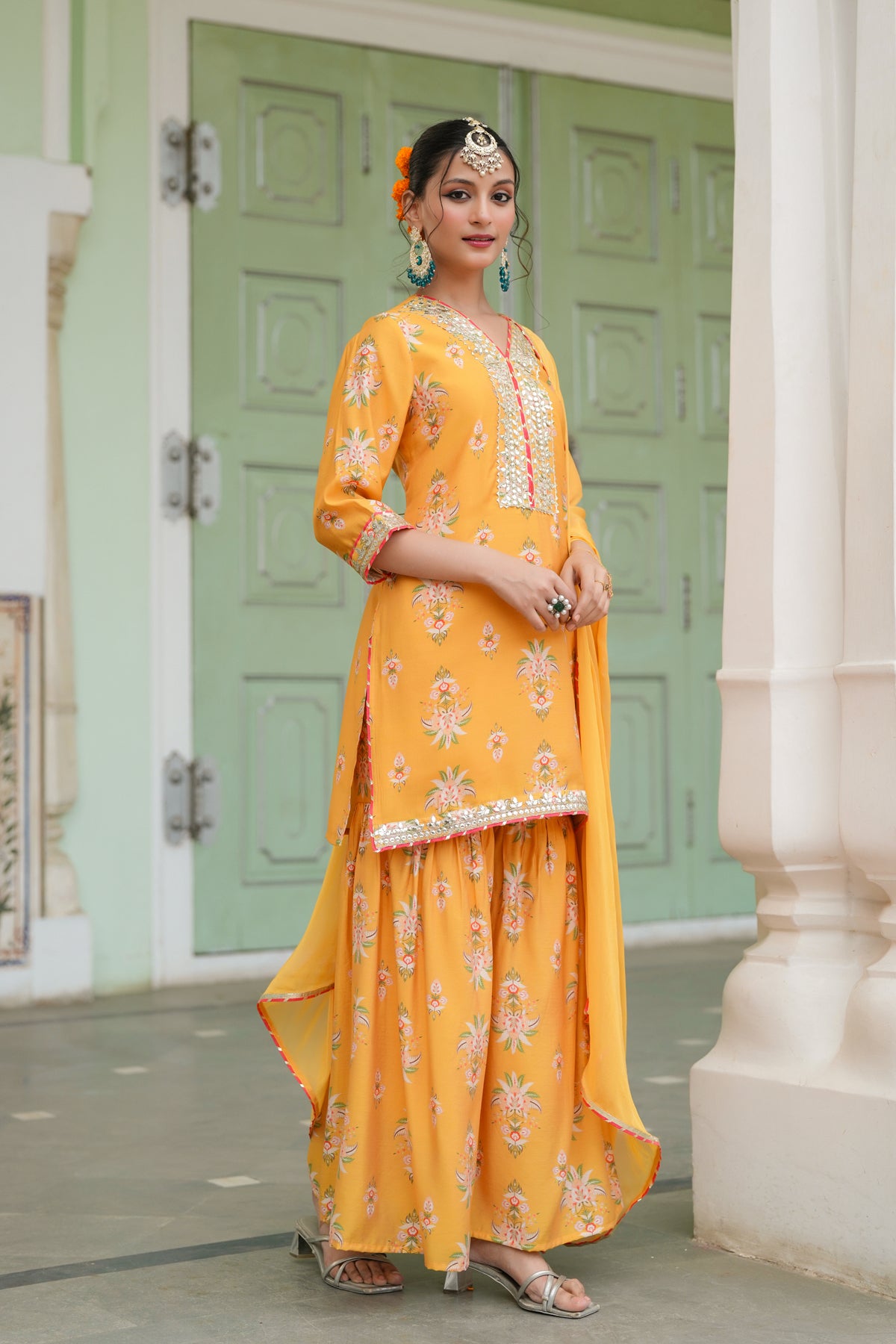 Mustard Chanderi Silk Floral Printed Sharara Set