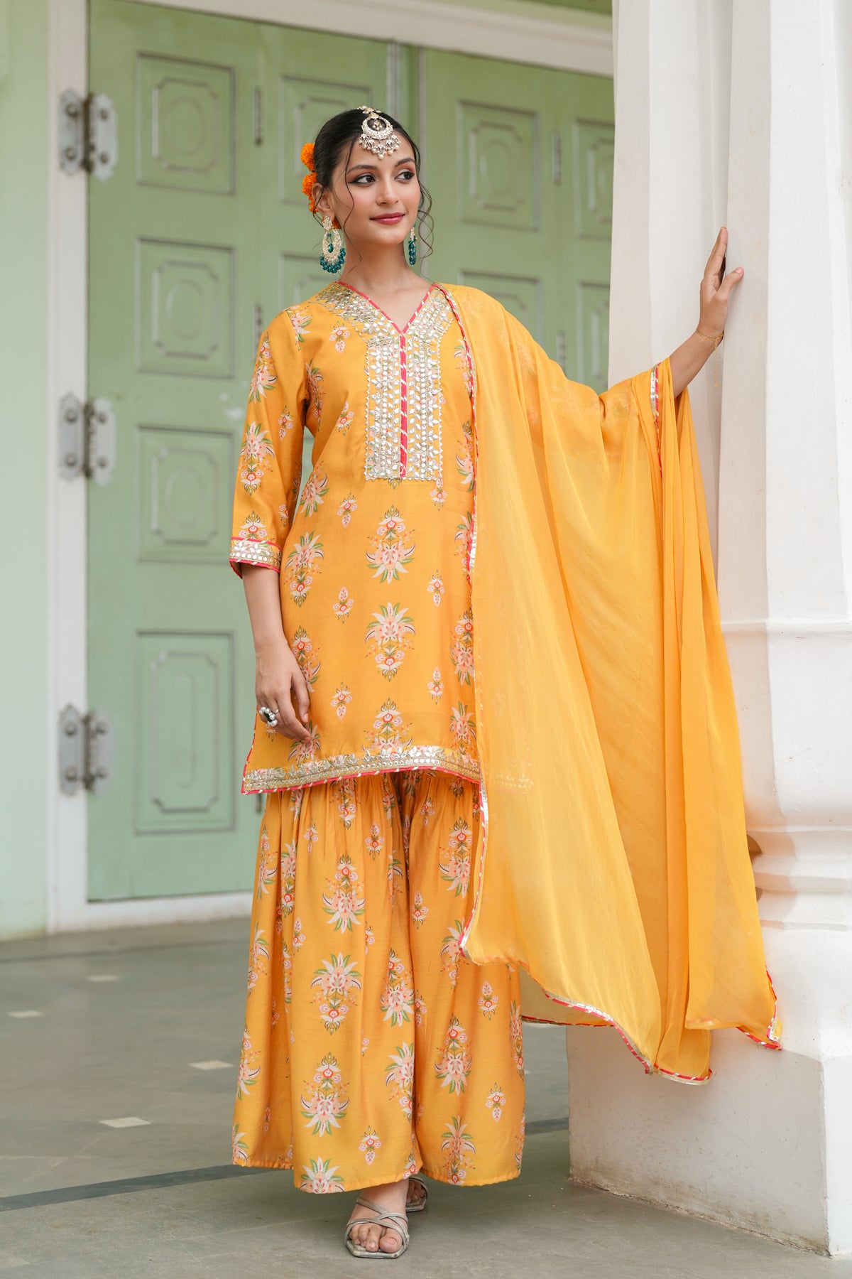 Mustard Chanderi Silk Floral Printed Sharara Set