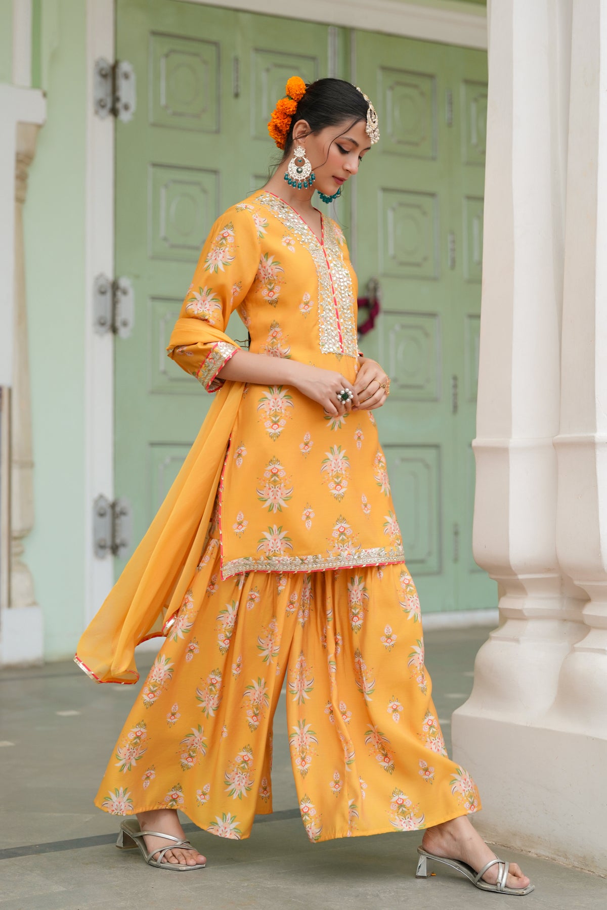 Mustard Chanderi Silk Floral Printed Sharara Set