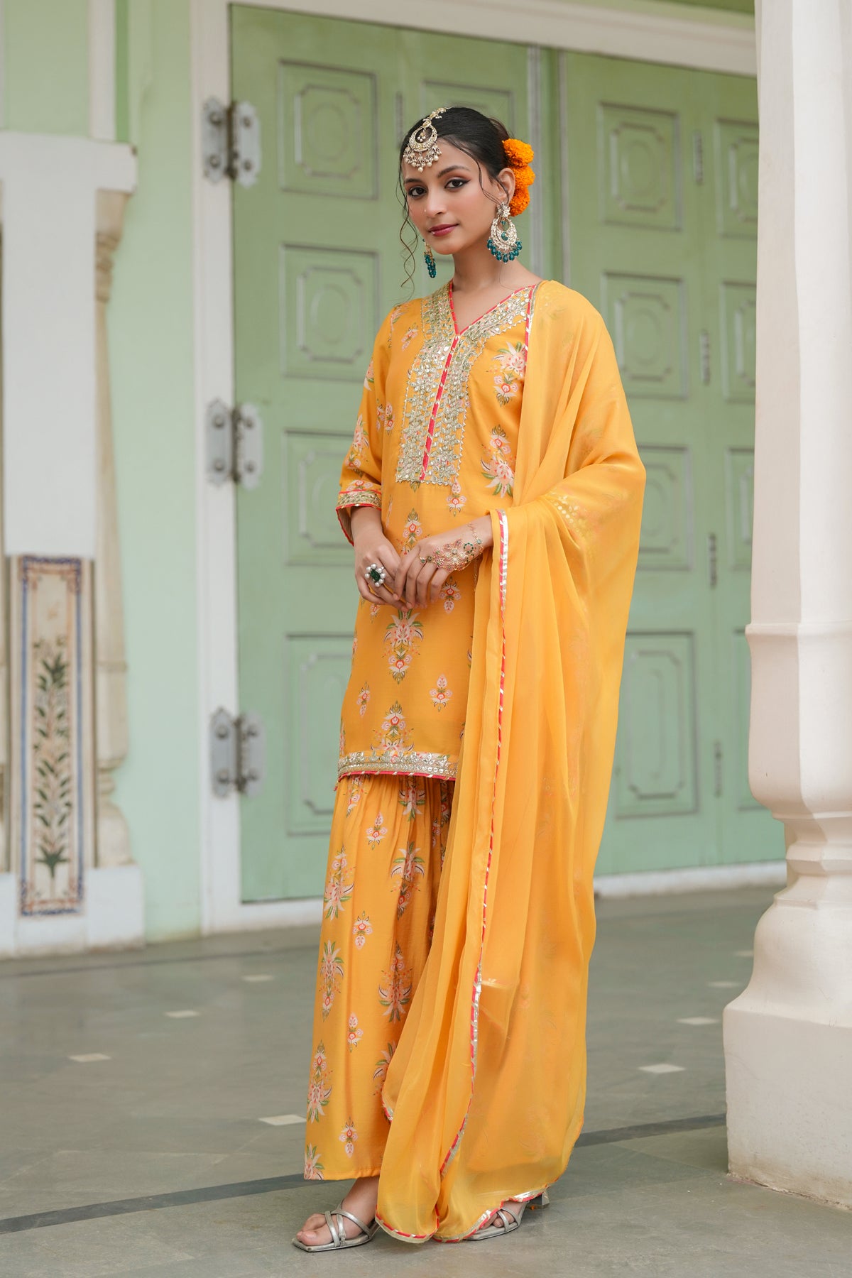 Mustard Chanderi Silk Floral Printed Sharara Set