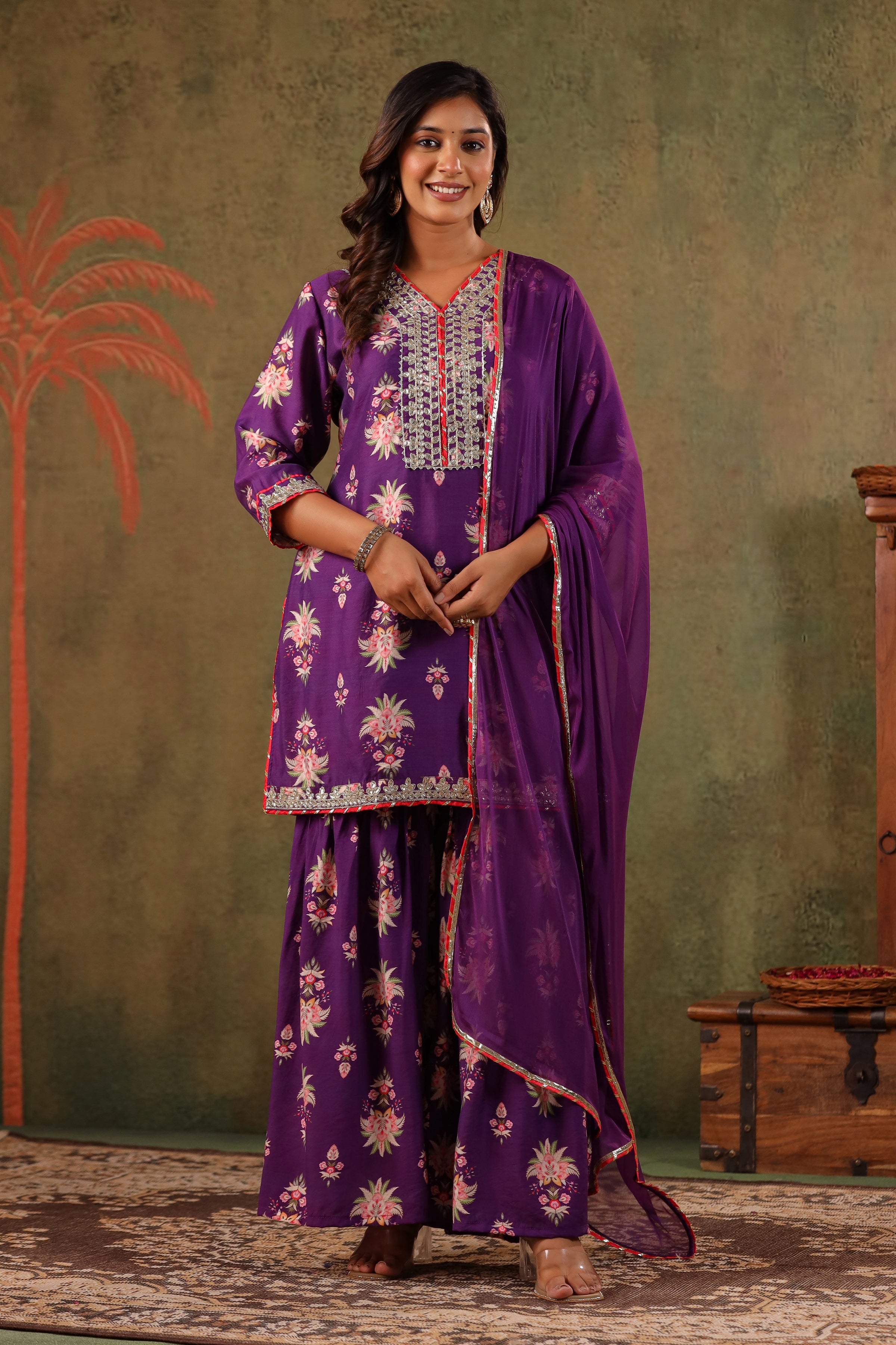 Purple Chanderi Silk Floral Printed Sharara Set