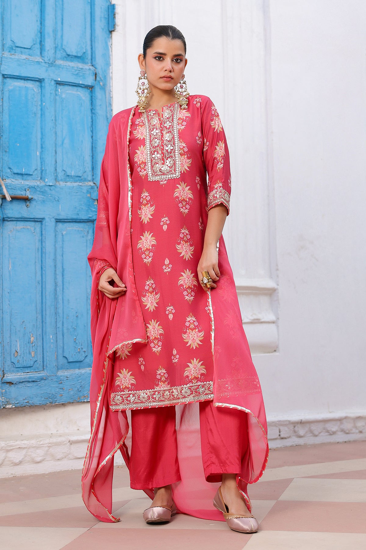 Coral Chanderi Silk Floral Printed Palazzo Set