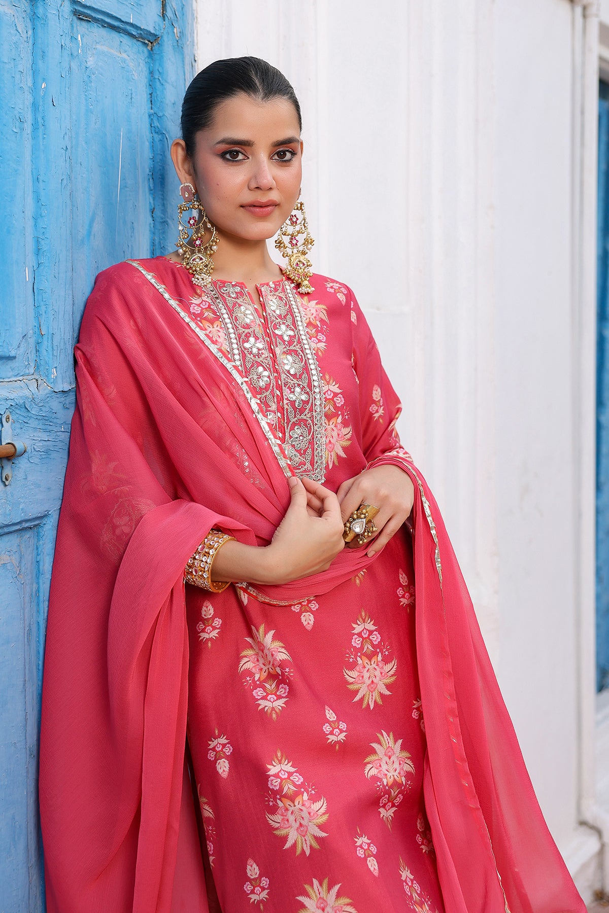 Coral Chanderi Silk Floral Printed Palazzo Set