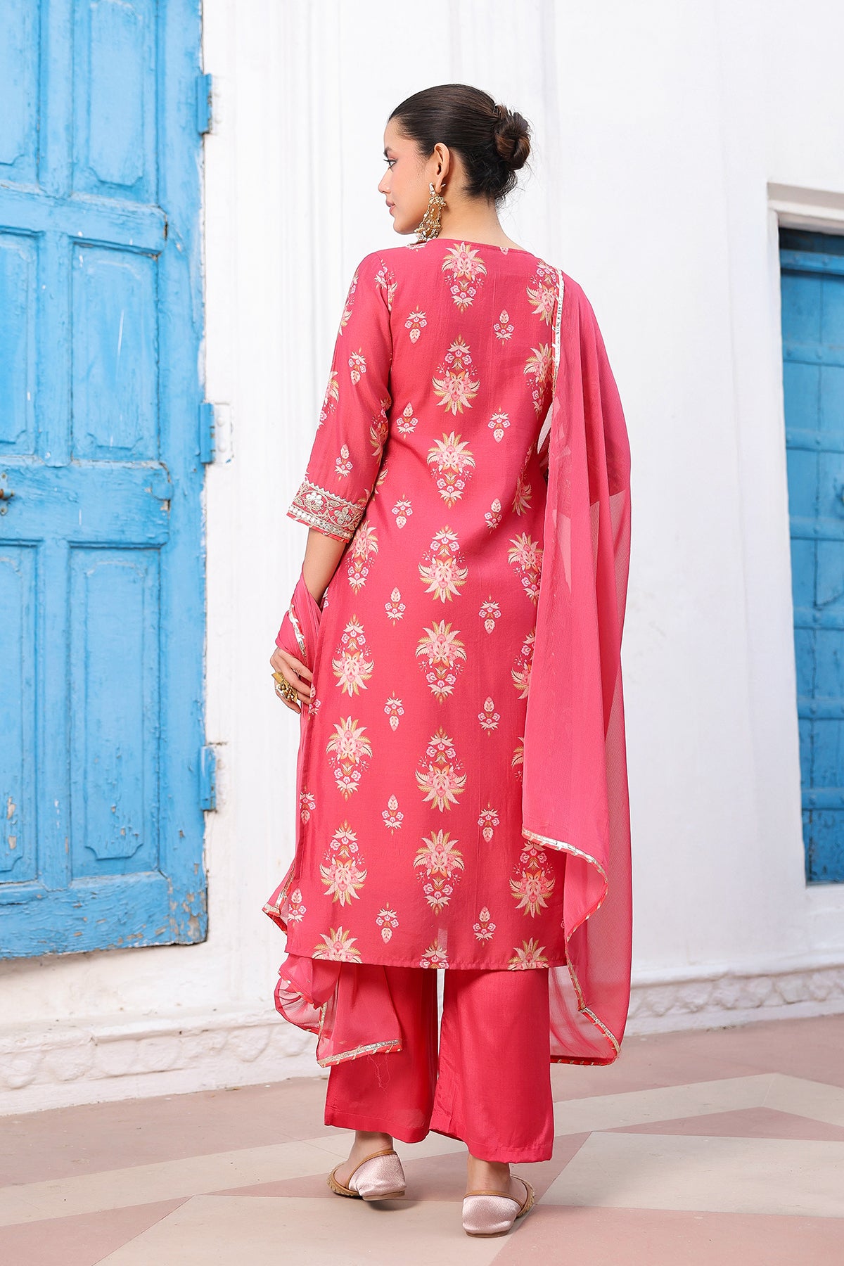 Coral Chanderi Silk Floral Printed Palazzo Set