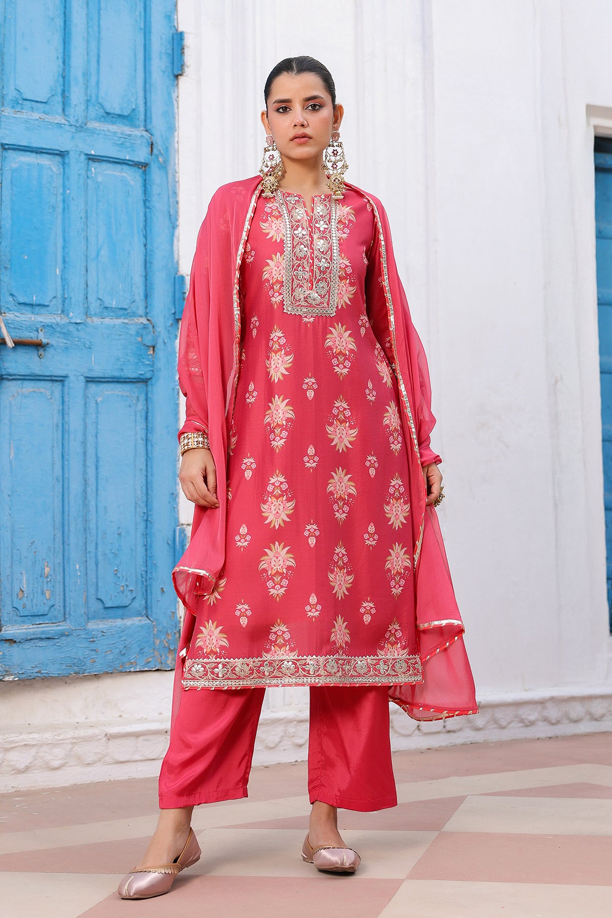 Coral Chanderi Silk Floral Printed Palazzo Set