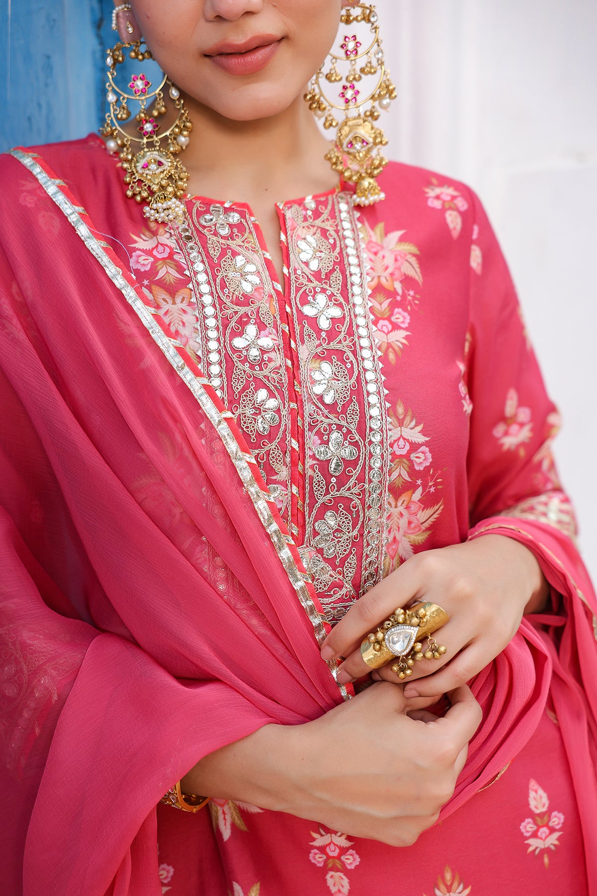 Coral Chanderi Silk Floral Printed Palazzo Set