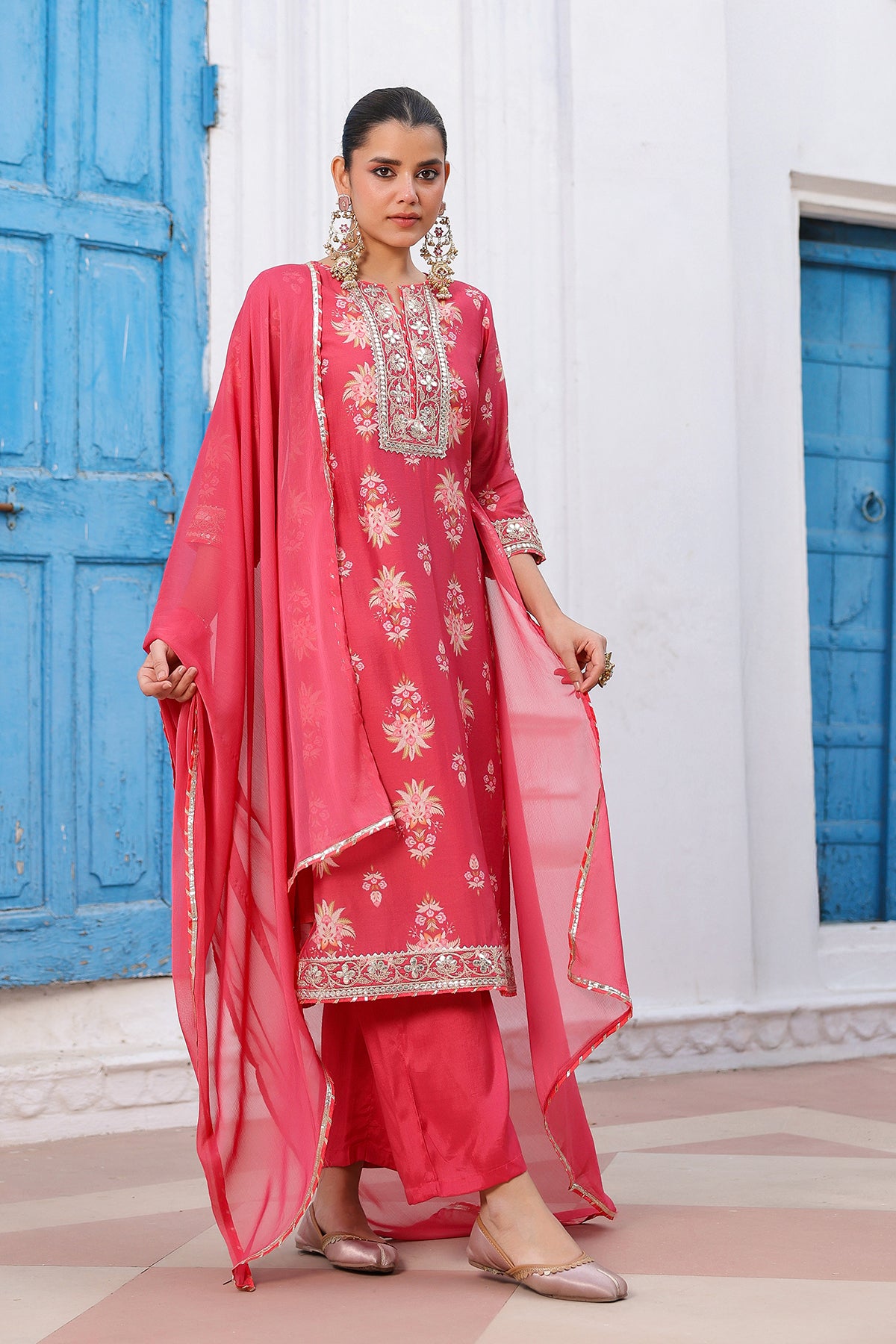 Coral Chanderi Silk Floral Printed Palazzo Set