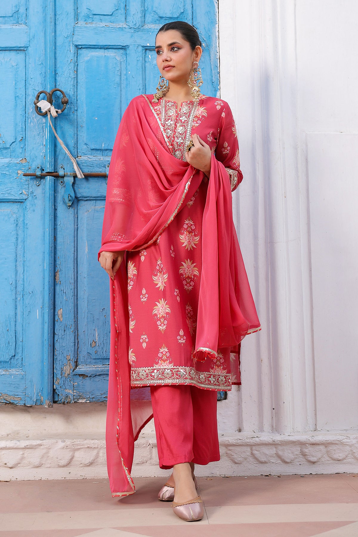 Coral Chanderi Silk Floral Printed Palazzo Set