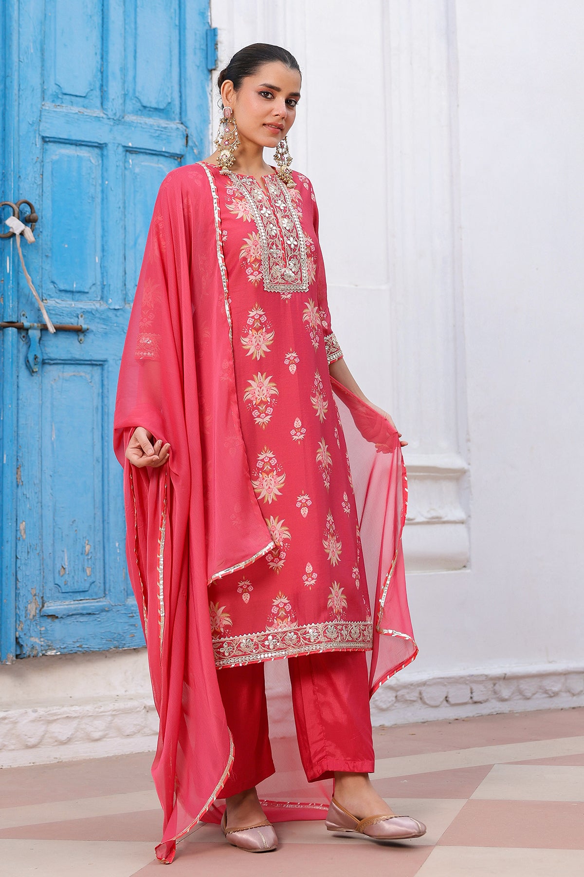 Coral Chanderi Silk Floral Printed Palazzo Set