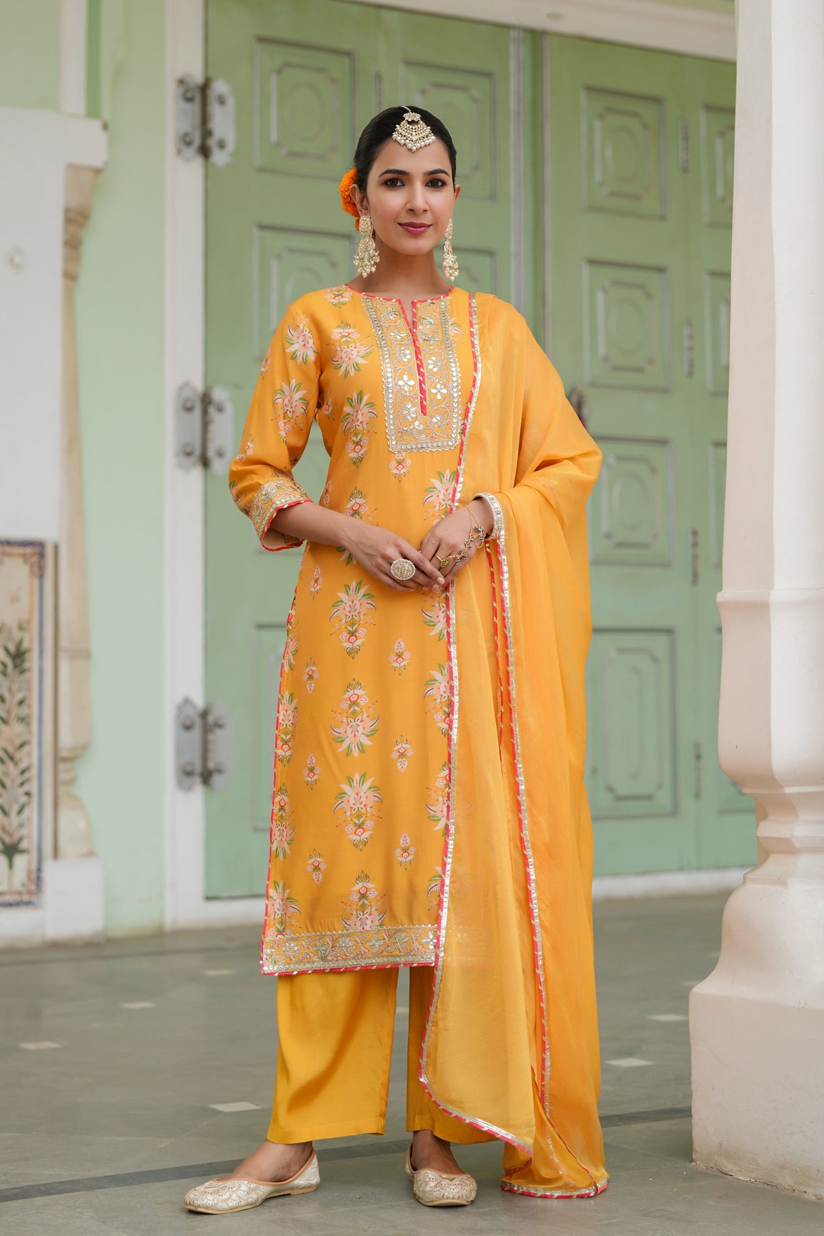 Mustard Chanderi Silk Floral Printed Palazzo Set