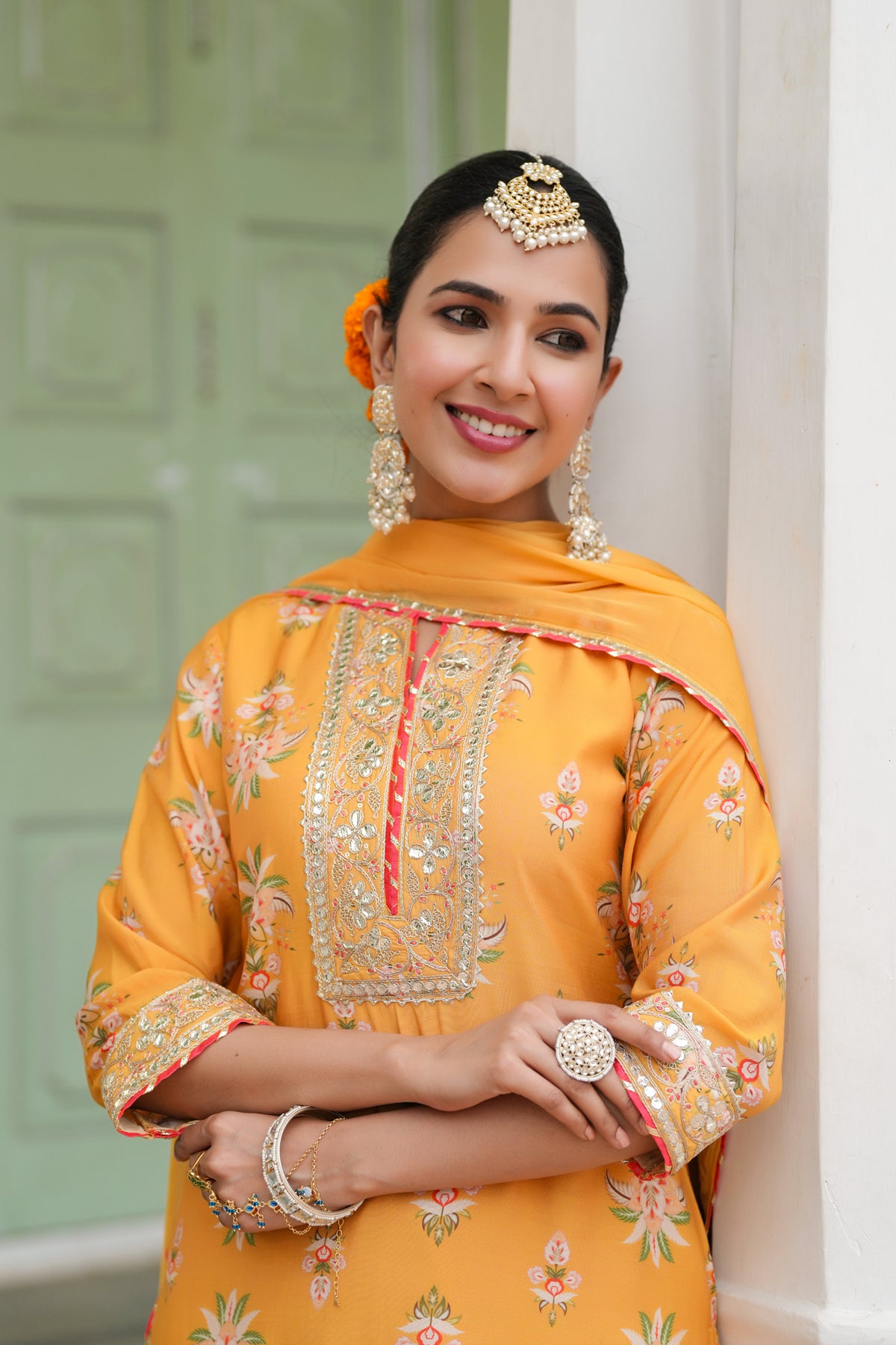 Mustard Chanderi Silk Floral Printed Palazzo Set