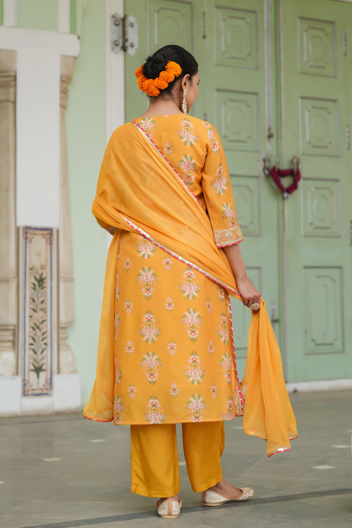 Mustard Chanderi Silk Floral Printed Palazzo Set