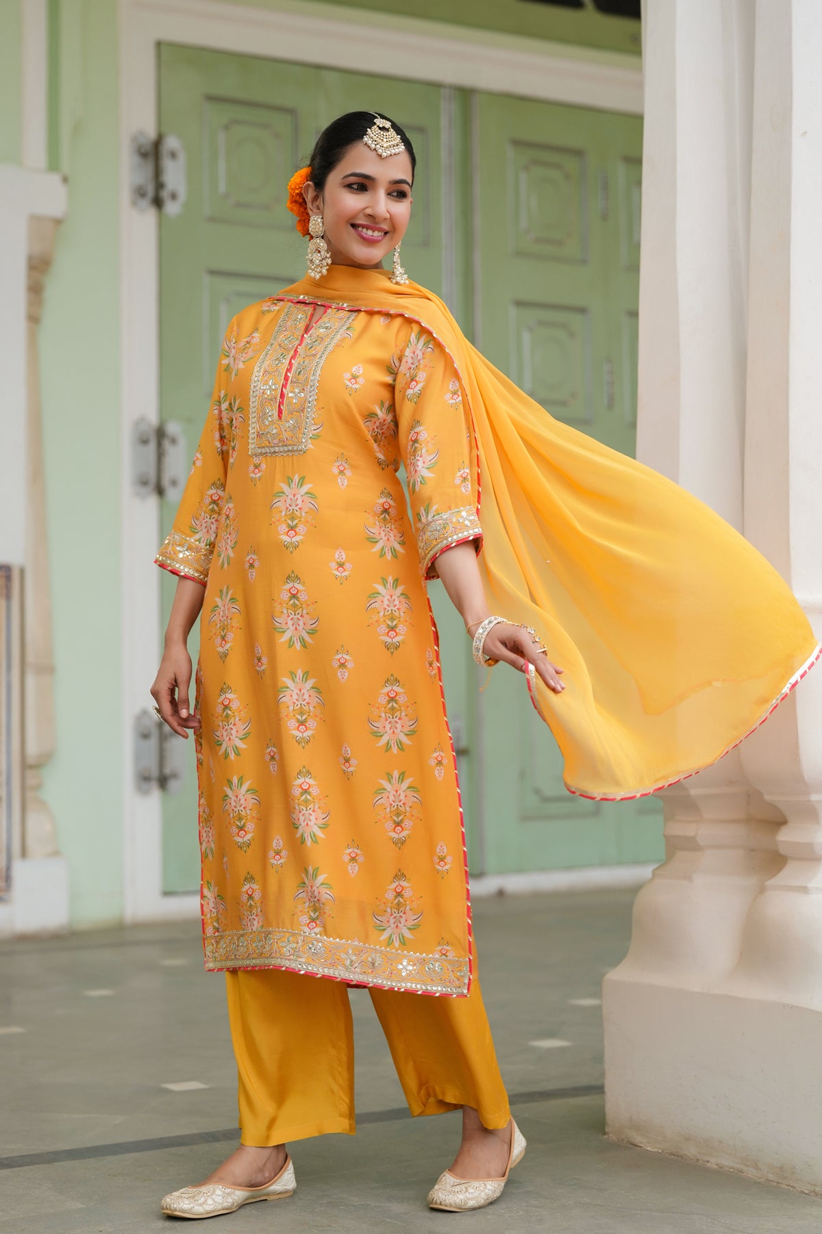 Mustard Chanderi Silk Floral Printed Palazzo Set