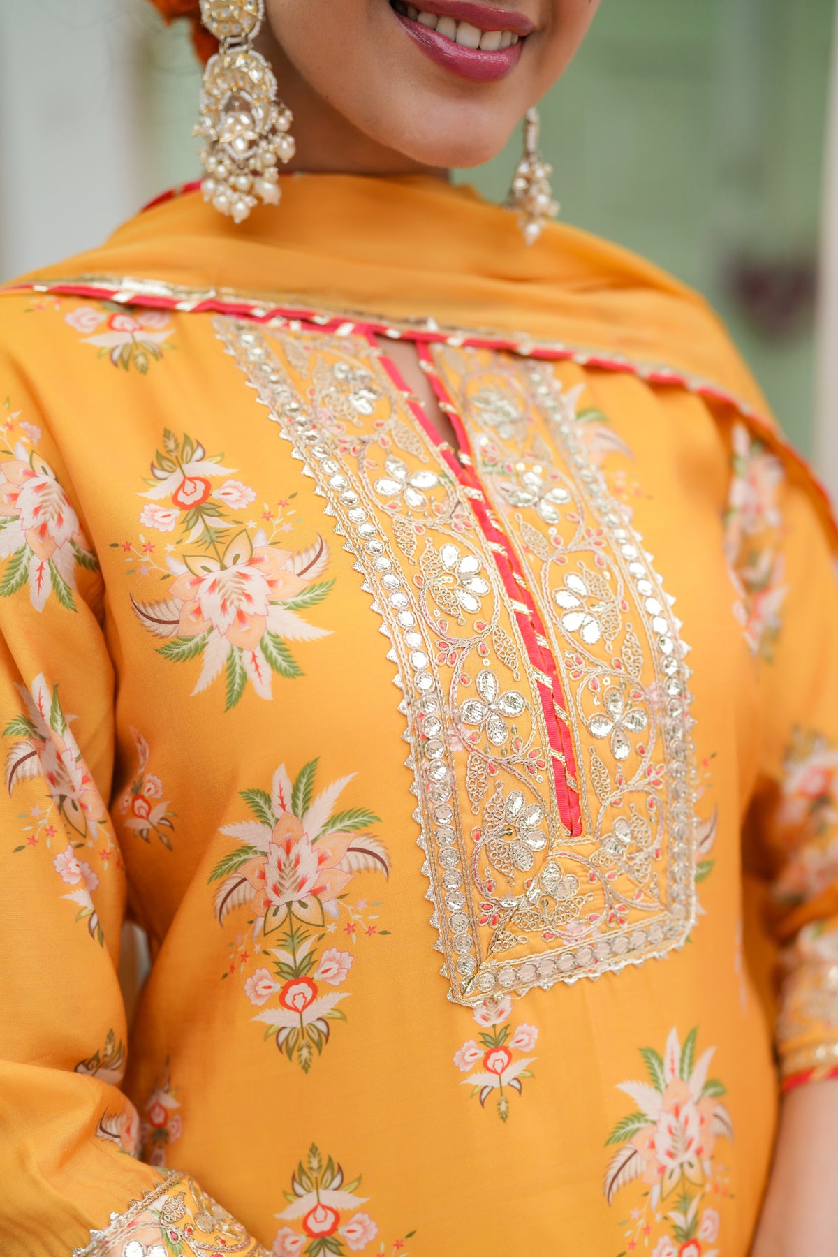 Mustard Chanderi Silk Floral Printed Palazzo Set