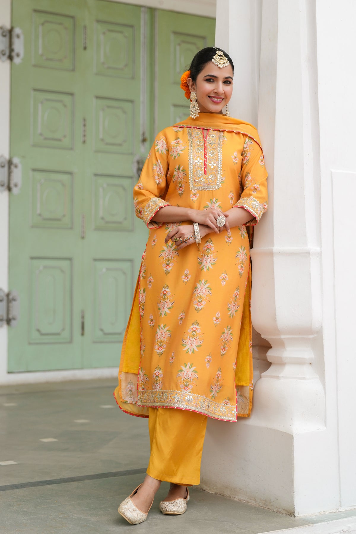 Mustard Chanderi Silk Floral Printed Palazzo Set