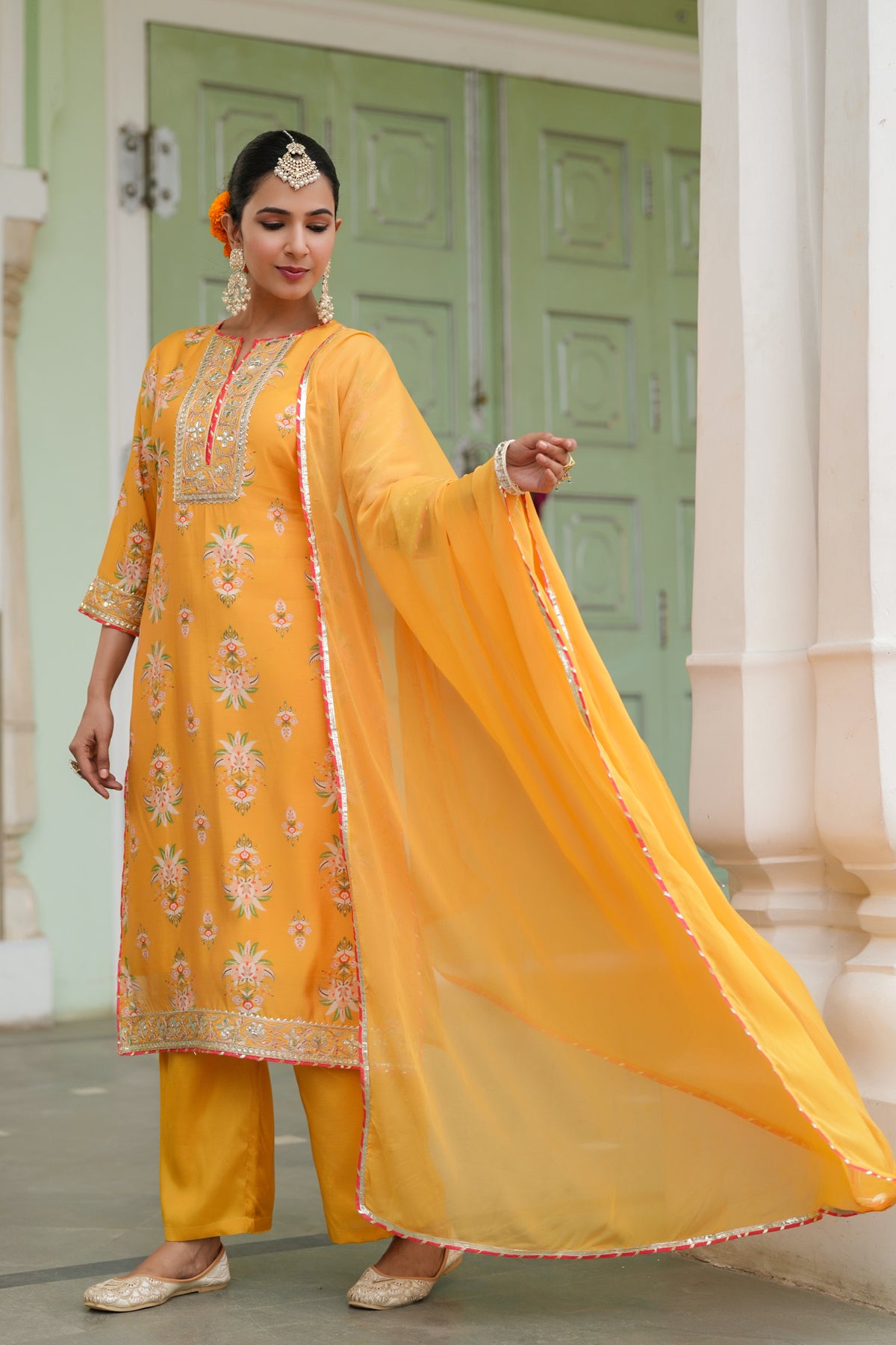 Mustard Chanderi Silk Floral Printed Palazzo Set