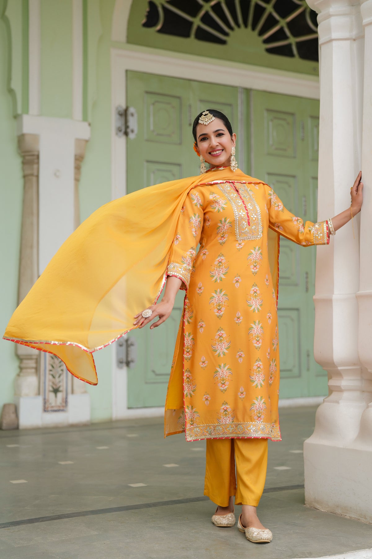 Mustard Chanderi Silk Floral Printed Palazzo Set