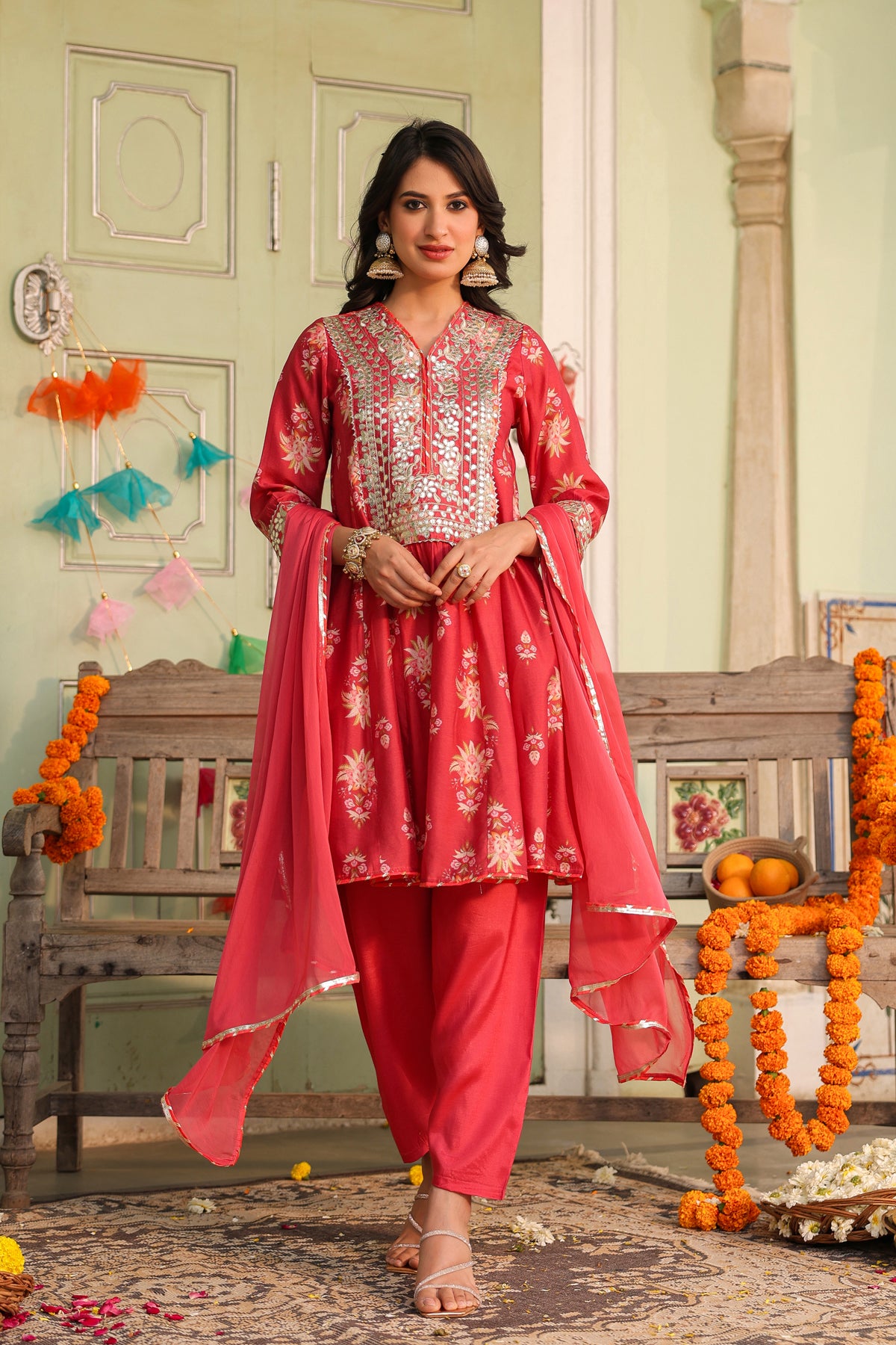Coral Chanderi Silk Floral Printed Anarkali Set