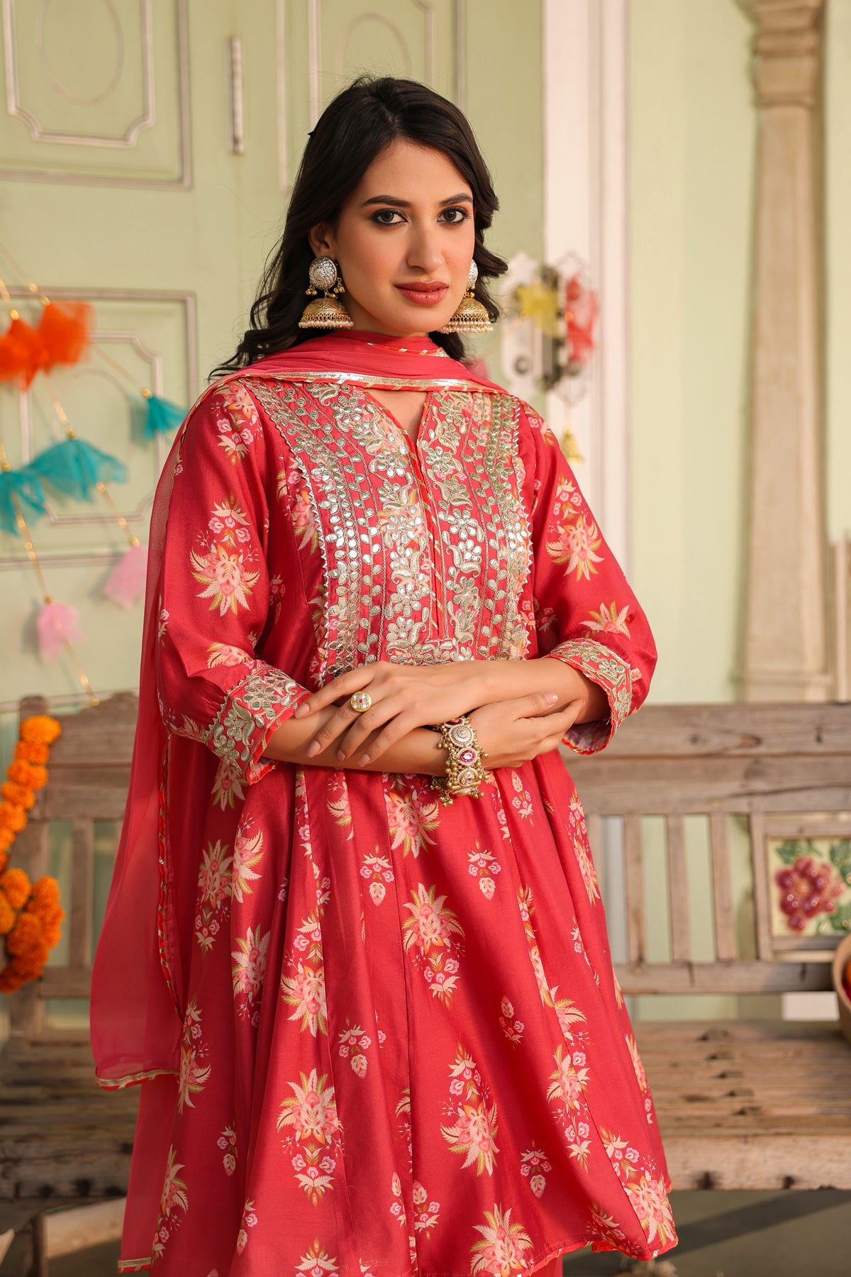 Coral Chanderi Silk Floral Printed Anarkali Set