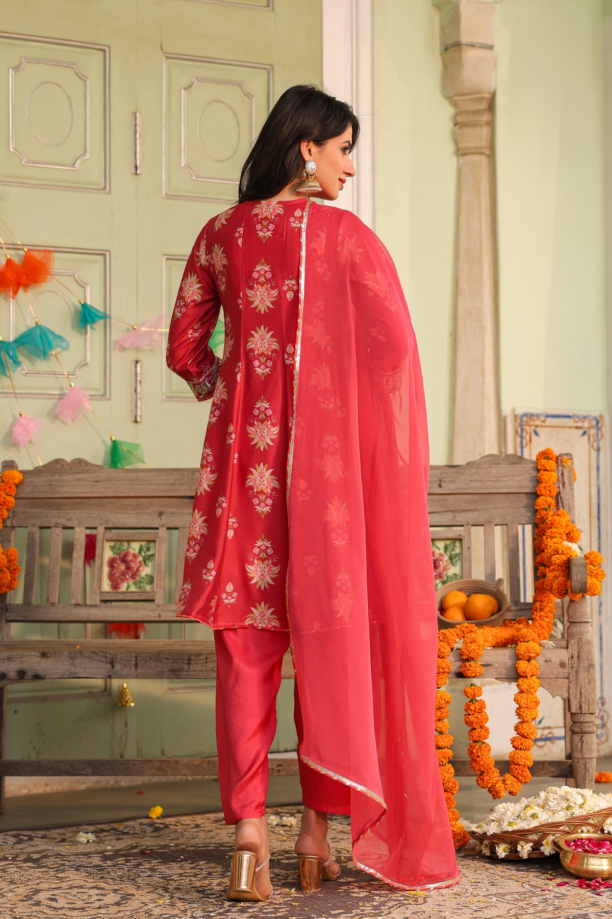 Coral Chanderi Silk Floral Printed Anarkali Set