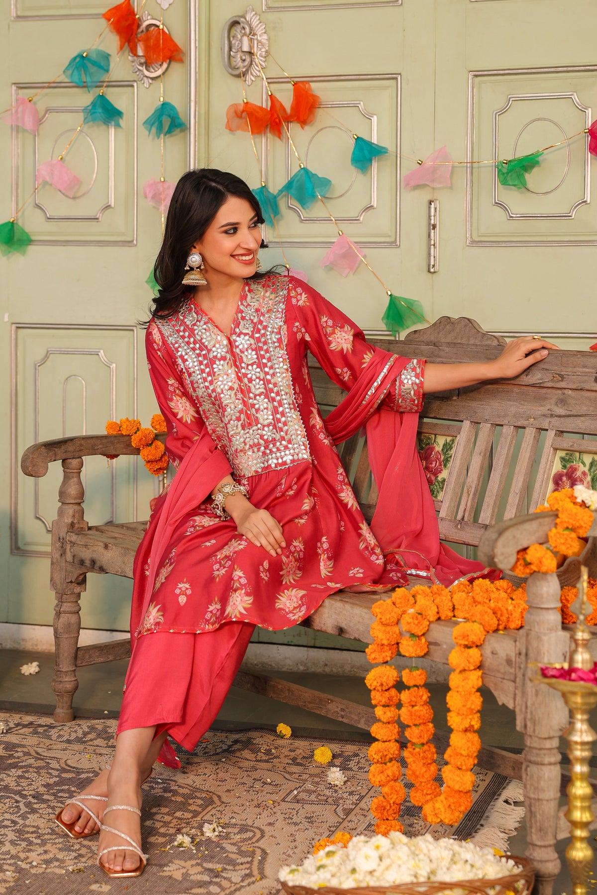 Coral Chanderi Silk Floral Printed Anarkali Set
