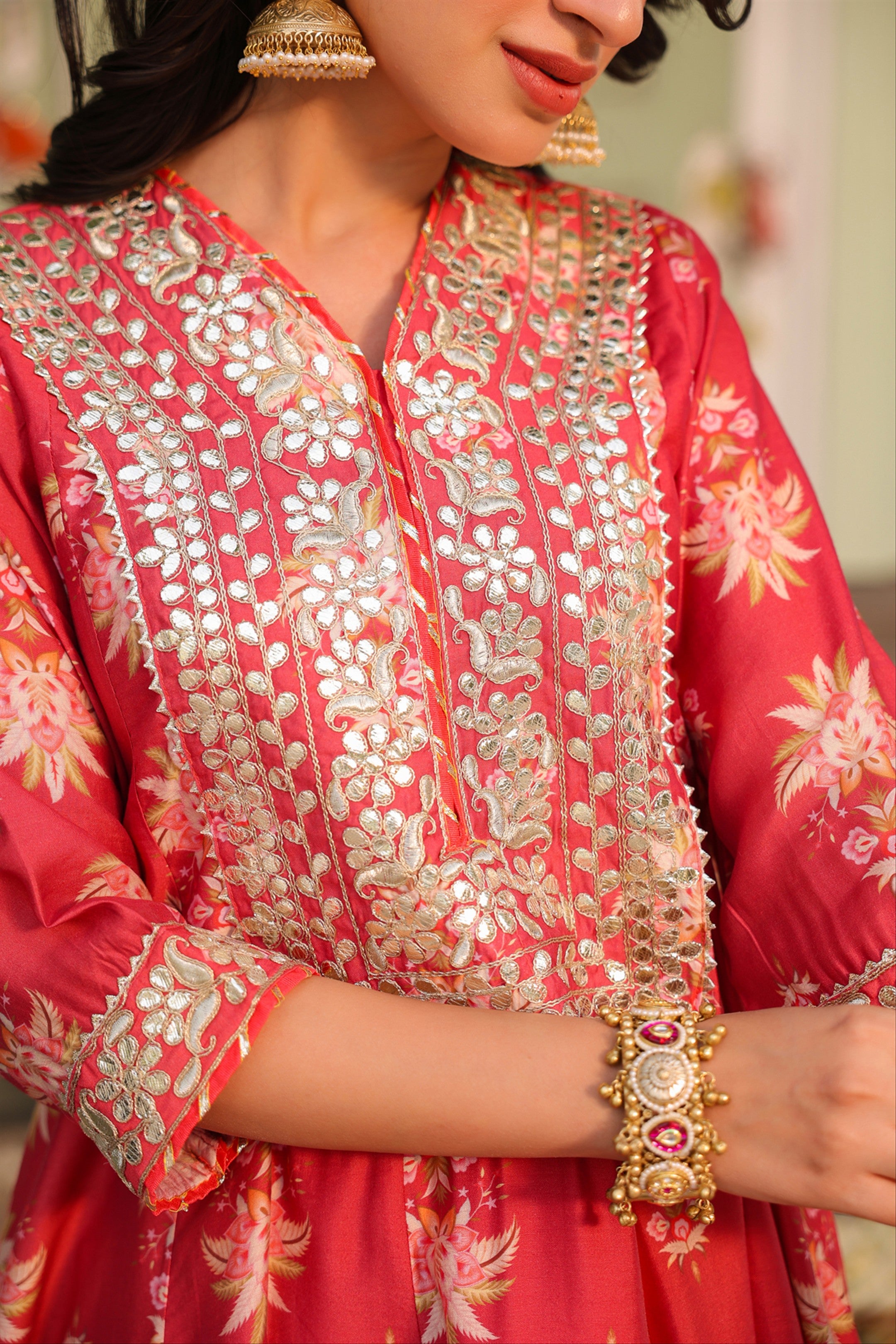 Coral Chanderi Silk Floral Printed Anarkali Set