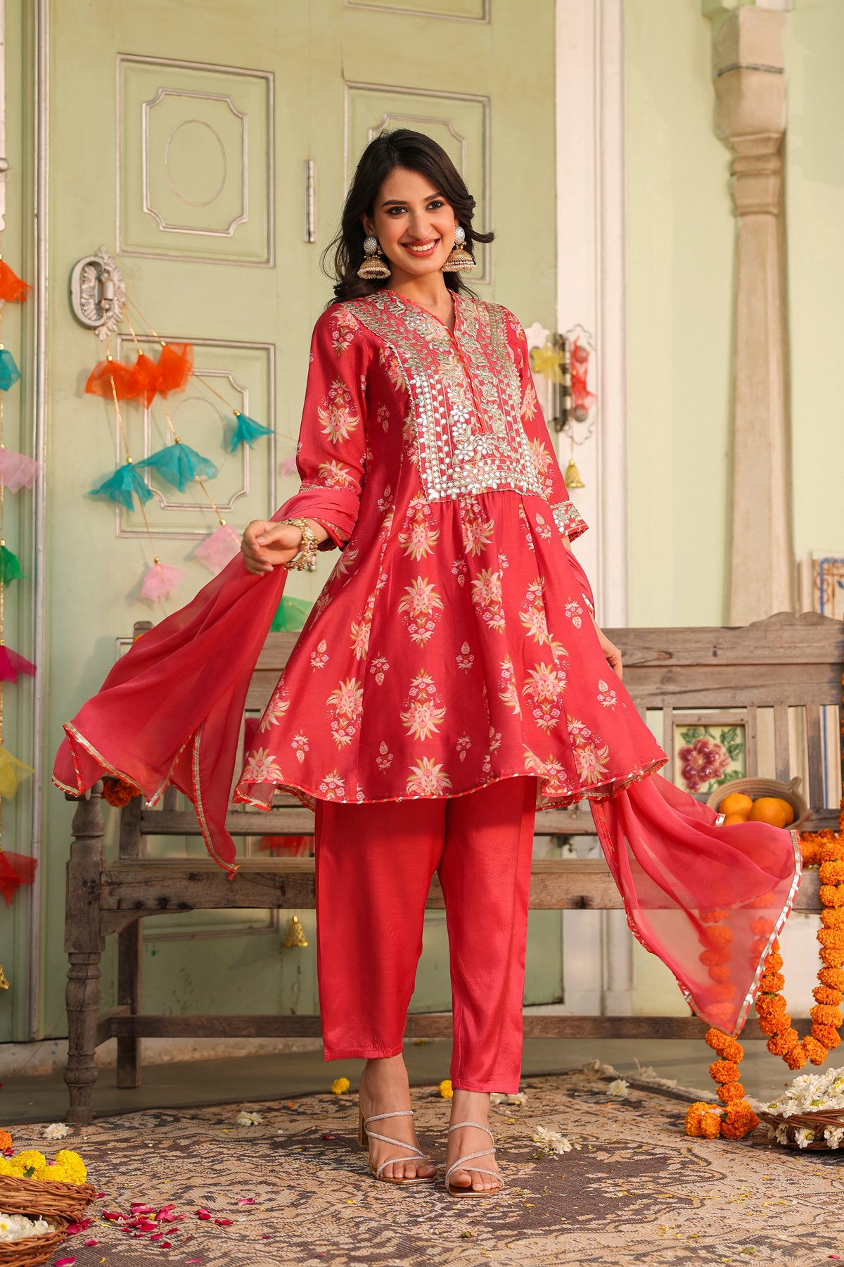 Coral Chanderi Silk Floral Printed Anarkali Set