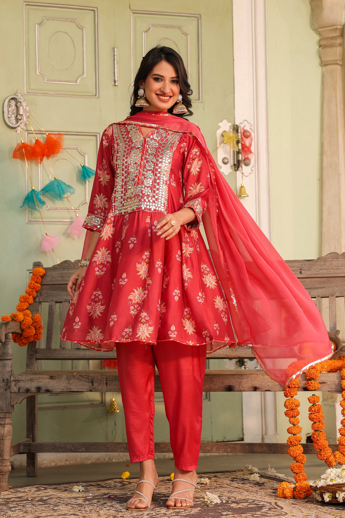 Coral Chanderi Silk Floral Printed Anarkali Set