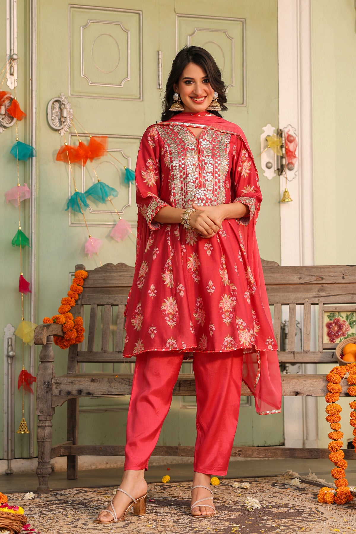 Coral Chanderi Silk Floral Printed Anarkali Set