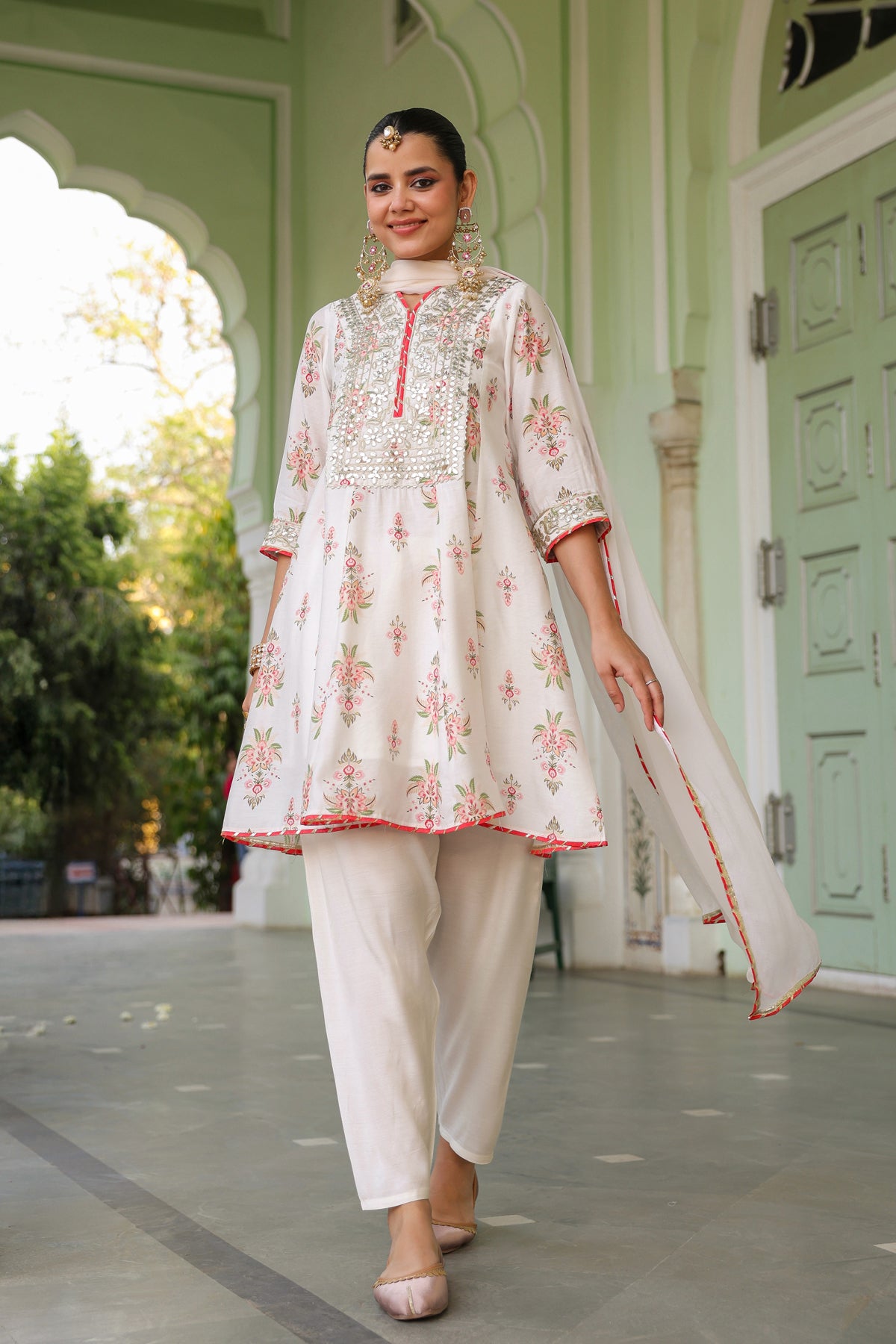 Ivory Chanderi Silk Floral Printed Anarkali Set