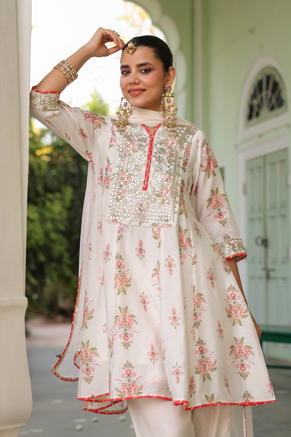 Ivory Chanderi Silk Floral Printed Anarkali Set
