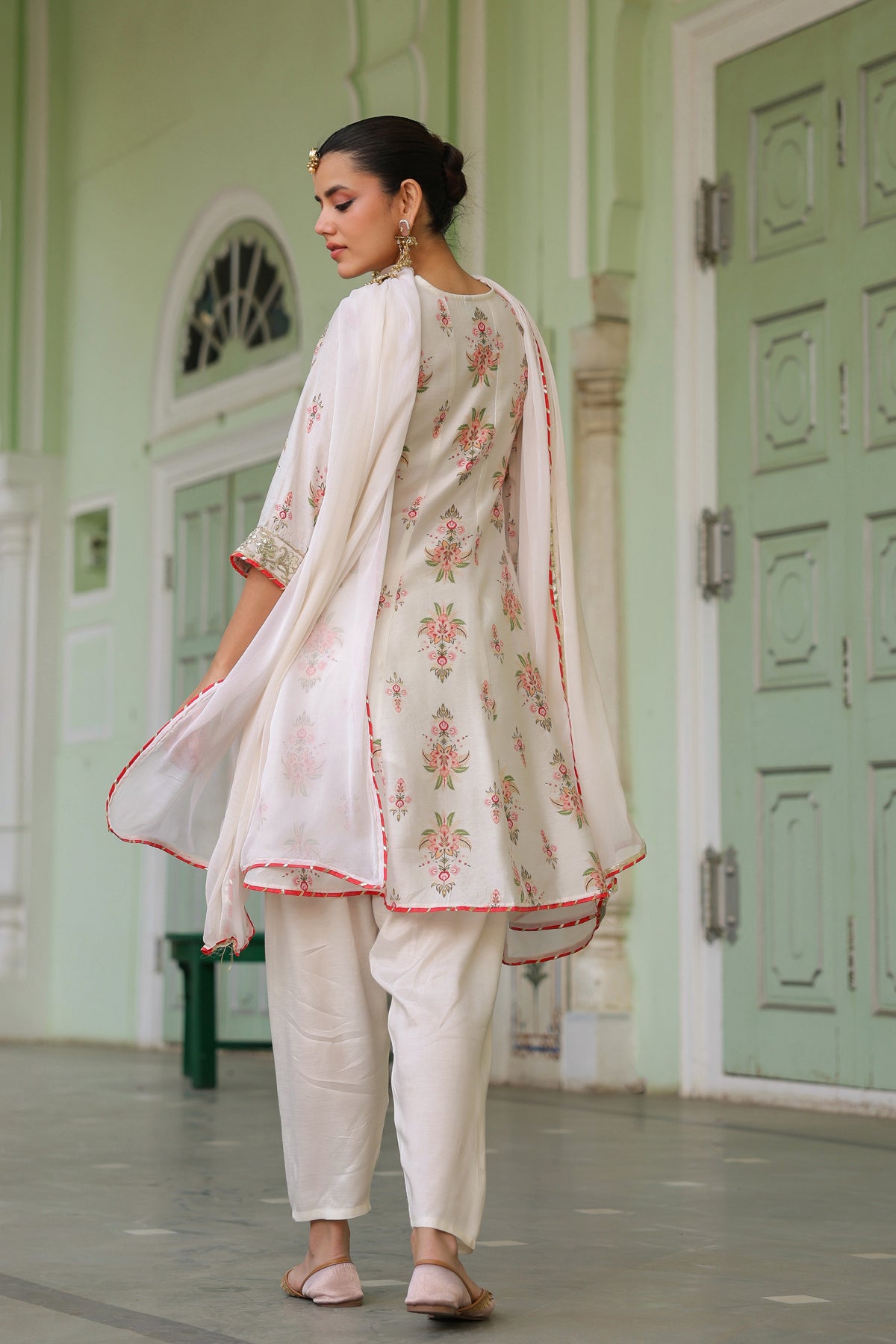 Ivory Chanderi Silk Floral Printed Anarkali Set