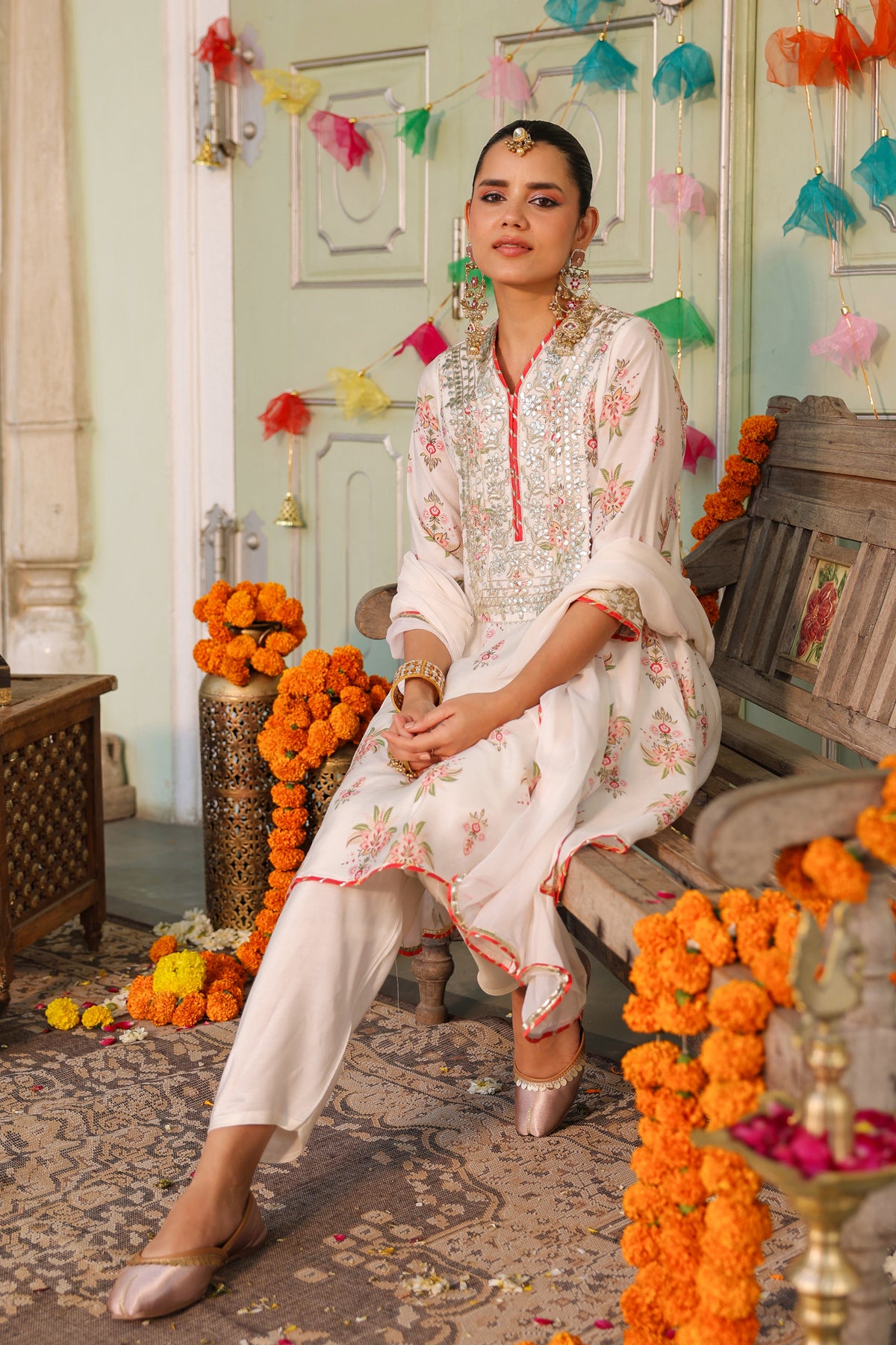 Ivory Chanderi Silk Floral Printed Anarkali Set
