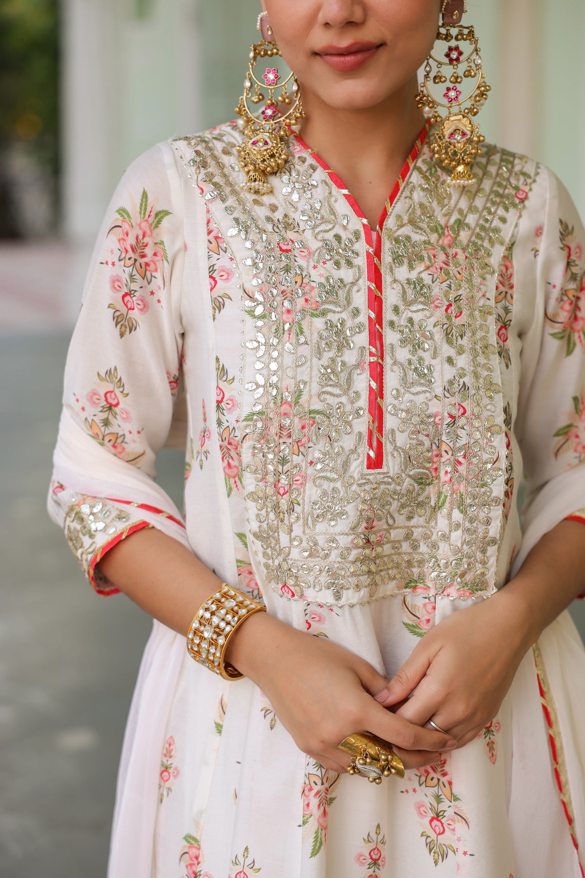 Ivory Chanderi Silk Floral Printed Anarkali Set