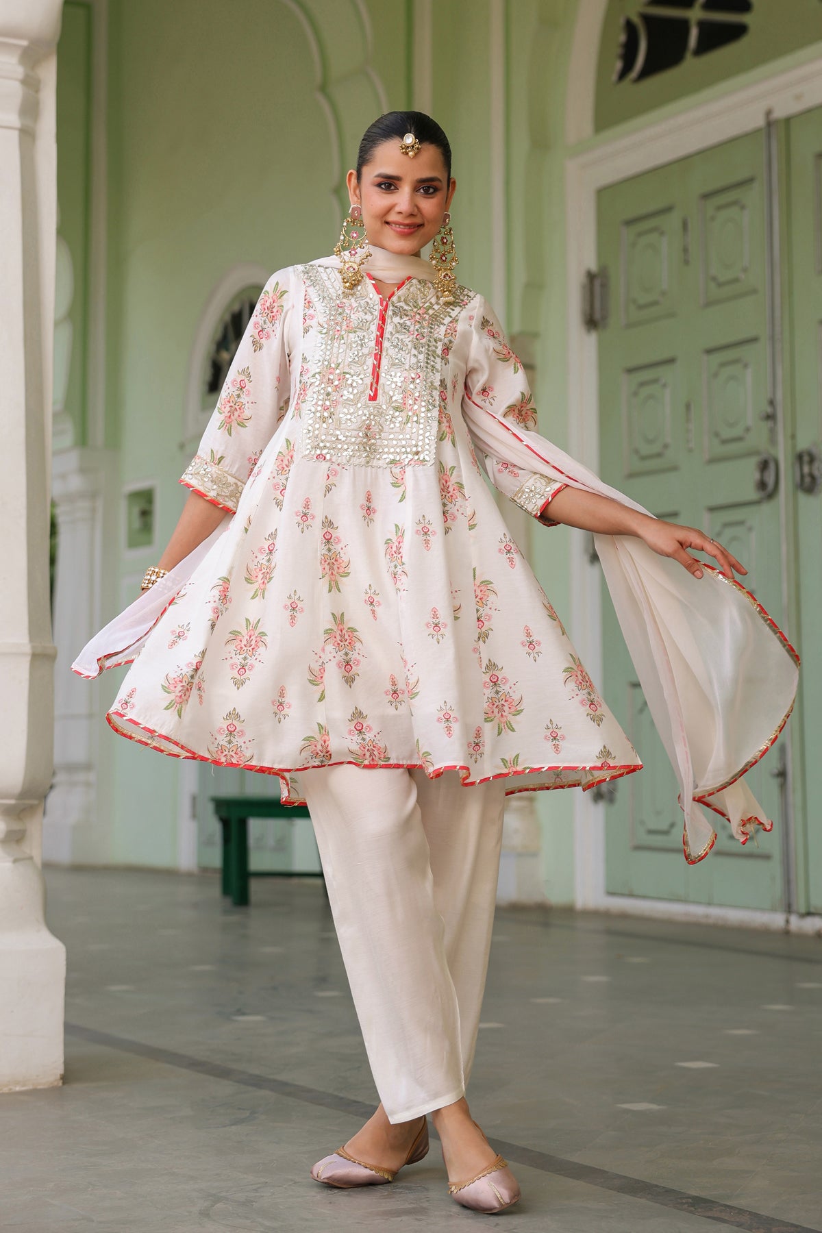 Ivory Chanderi Silk Floral Printed Anarkali Set
