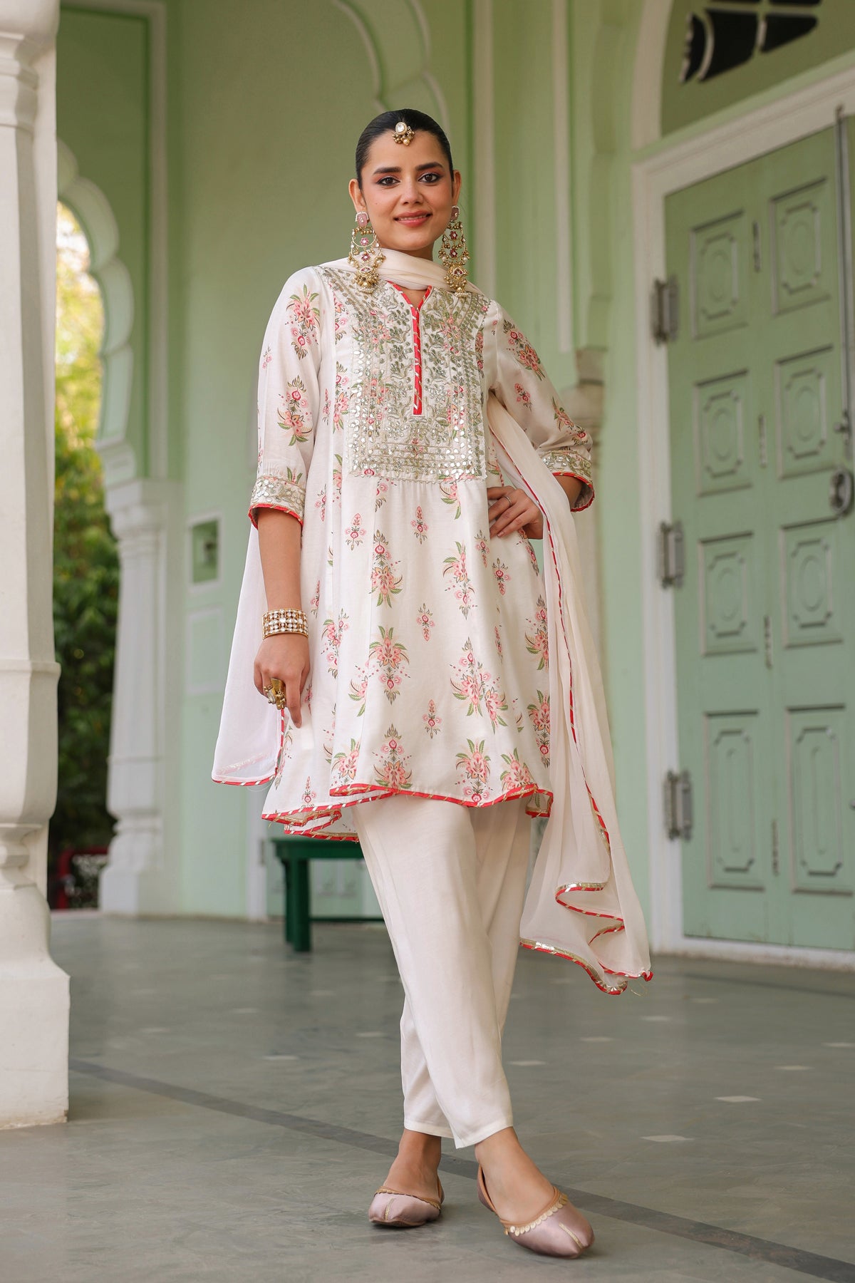 Ivory Chanderi Silk Floral Printed Anarkali Set