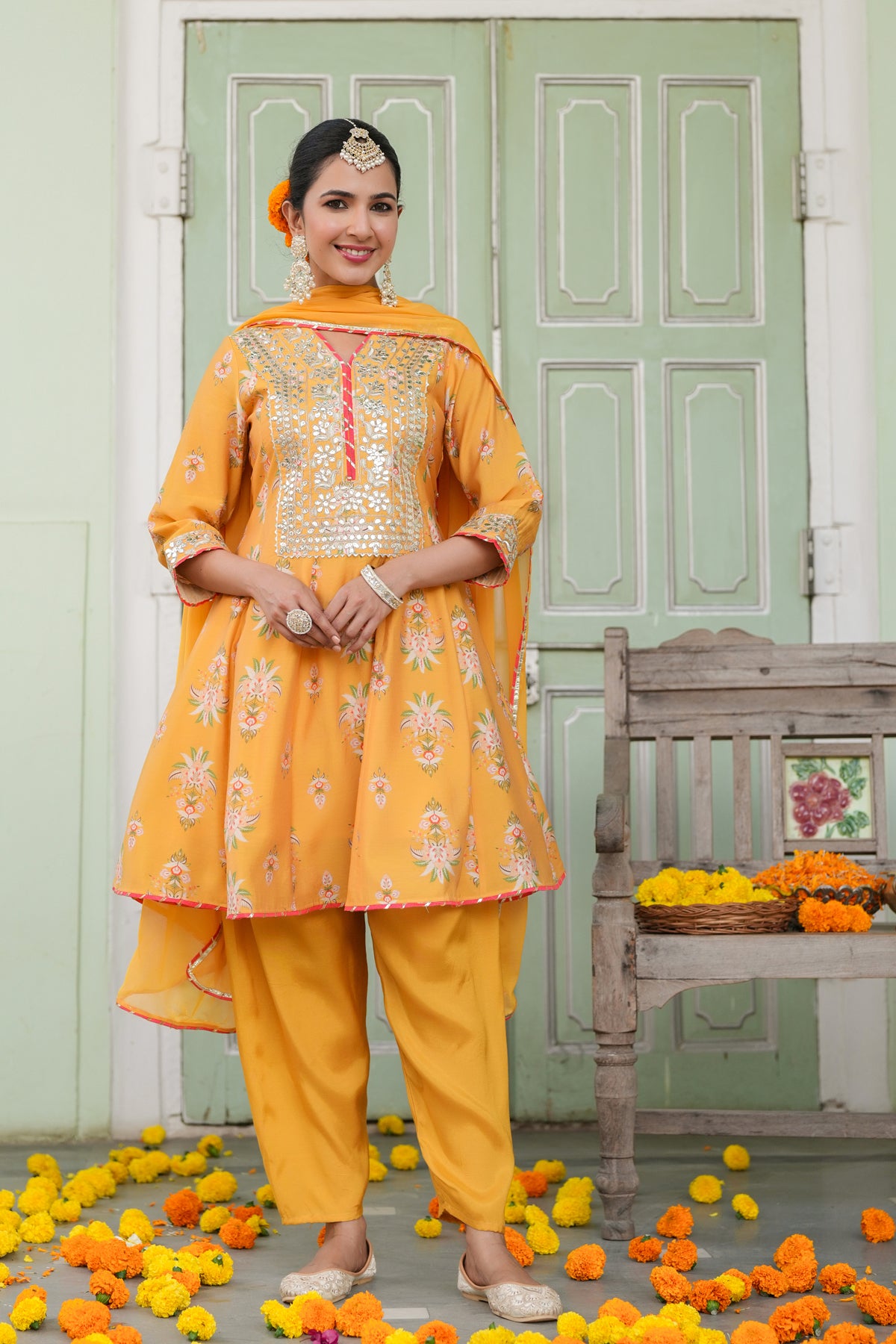 Mustard Chanderi Silk Floral Printed Anarkali Set