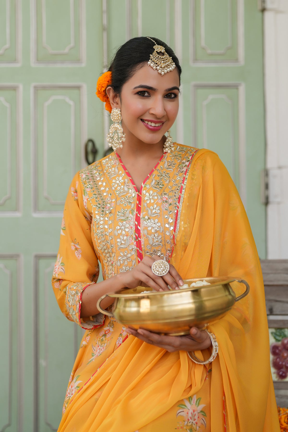 Mustard Chanderi Silk Floral Printed Anarkali Set