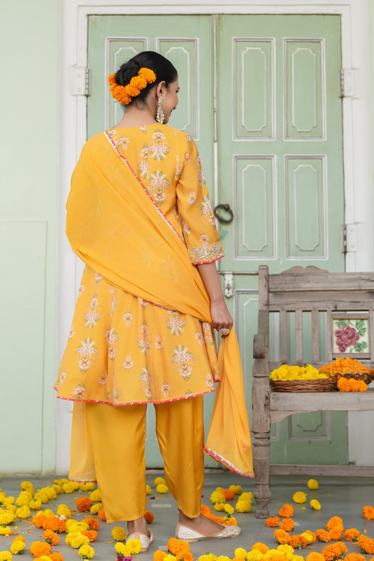 Mustard Chanderi Silk Floral Printed Anarkali Set