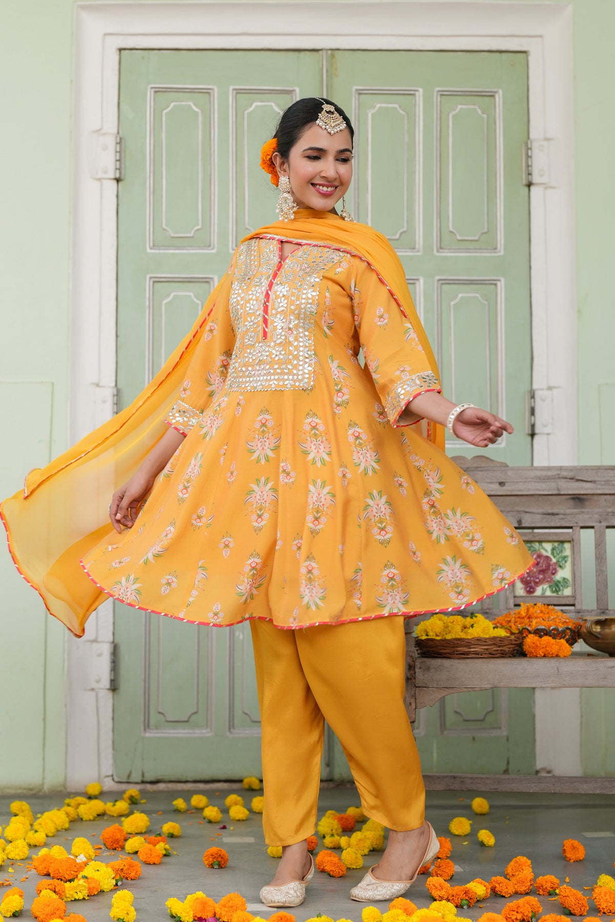 Mustard Chanderi Silk Floral Printed Anarkali Set