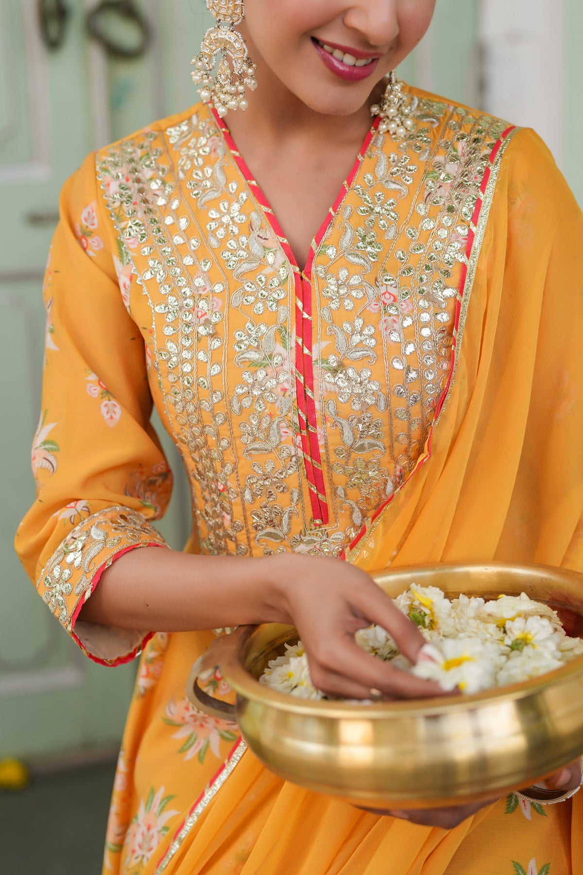 Mustard Chanderi Silk Floral Printed Anarkali Set