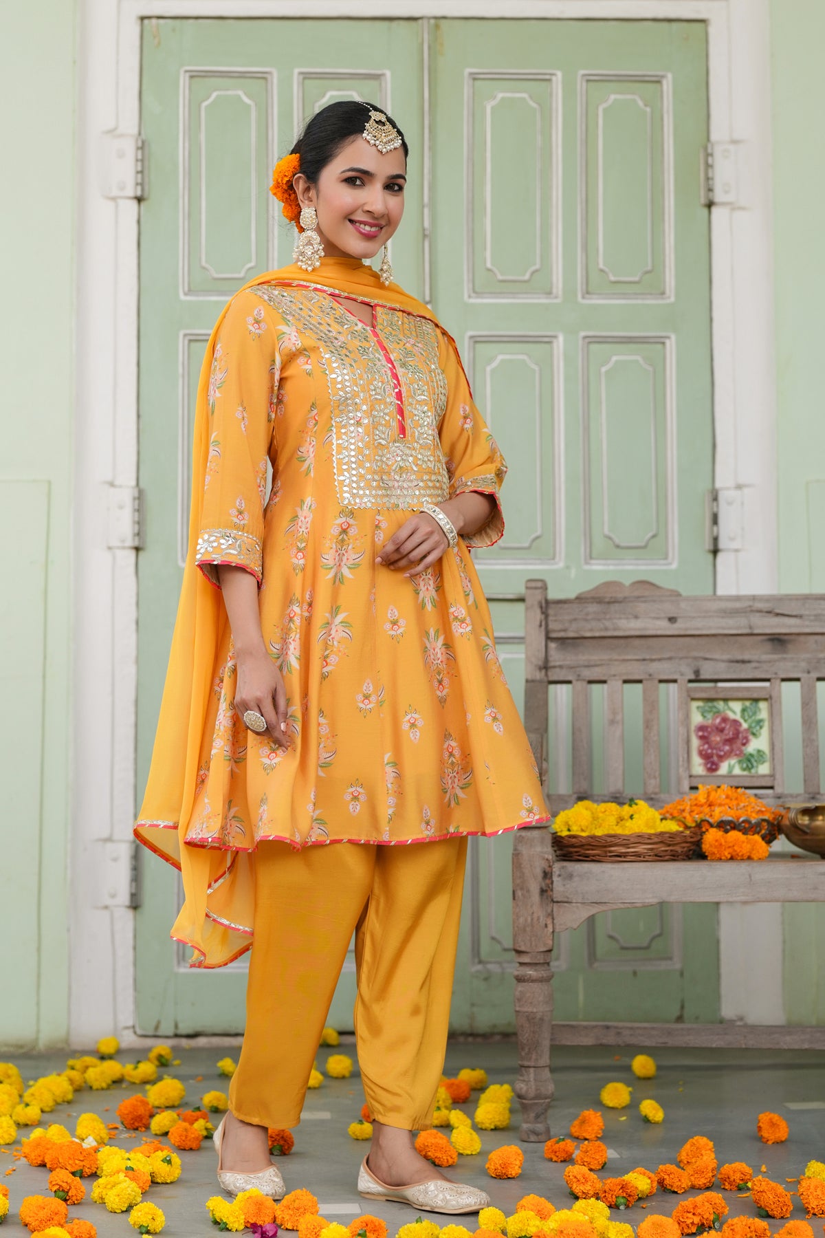 Mustard Chanderi Silk Floral Printed Anarkali Set