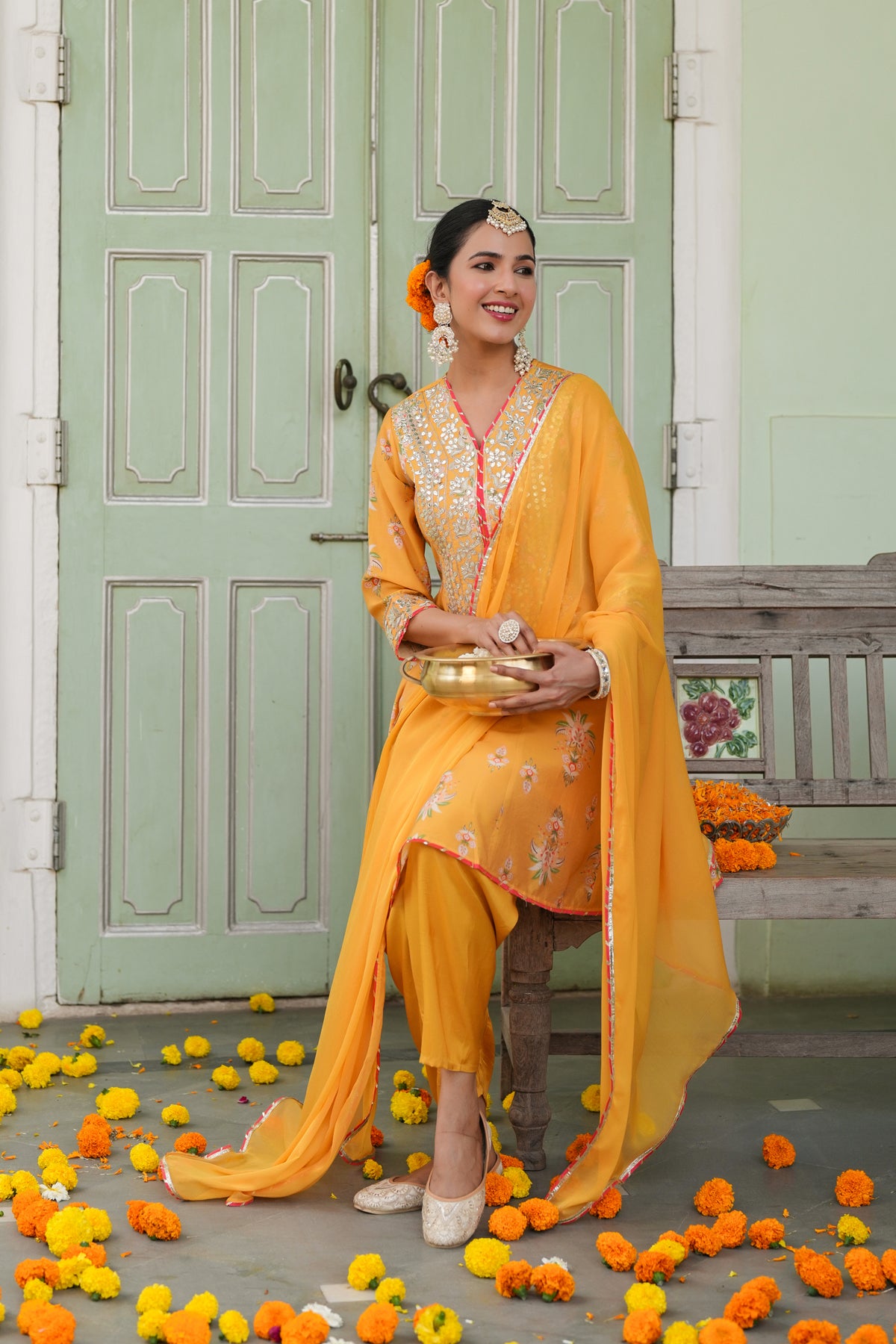 Mustard Chanderi Silk Floral Printed Anarkali Set