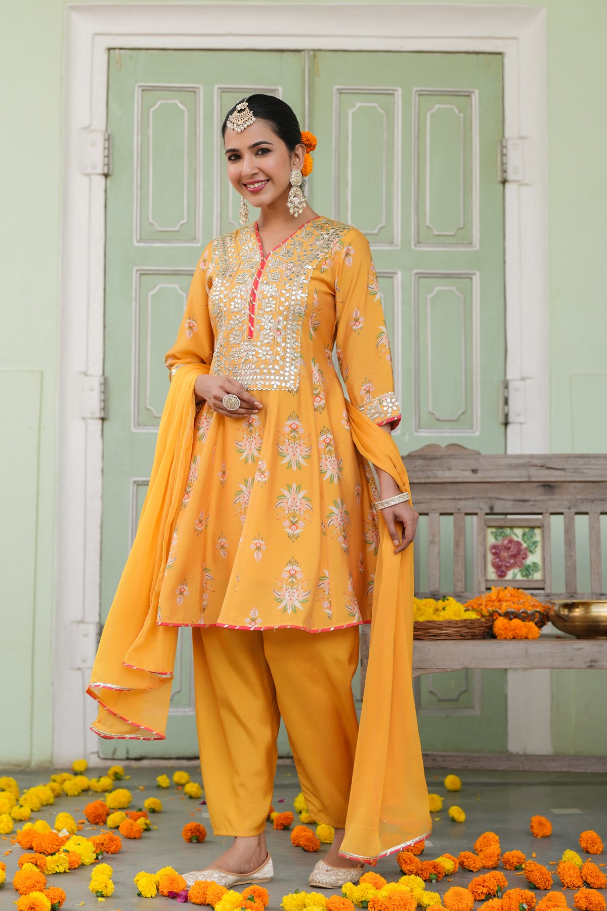 Mustard Chanderi Silk Floral Printed Anarkali Set